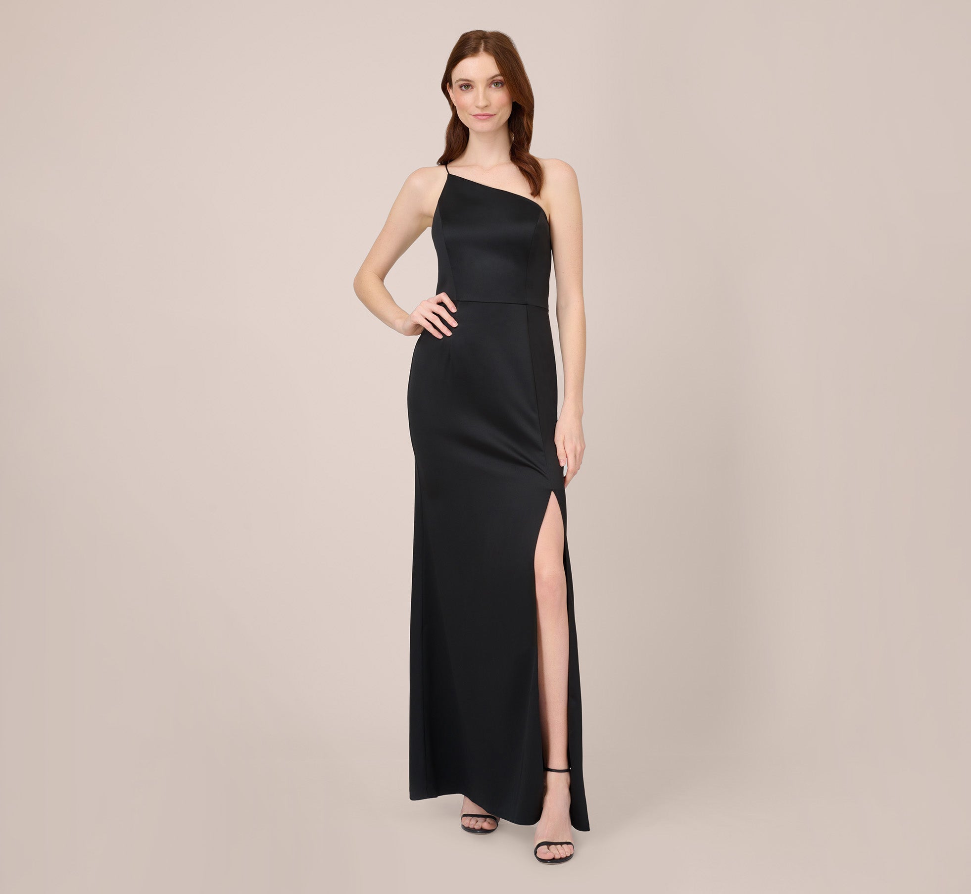 Satin Crepe One Shoulder Long Gown In Black Adrianna Papell