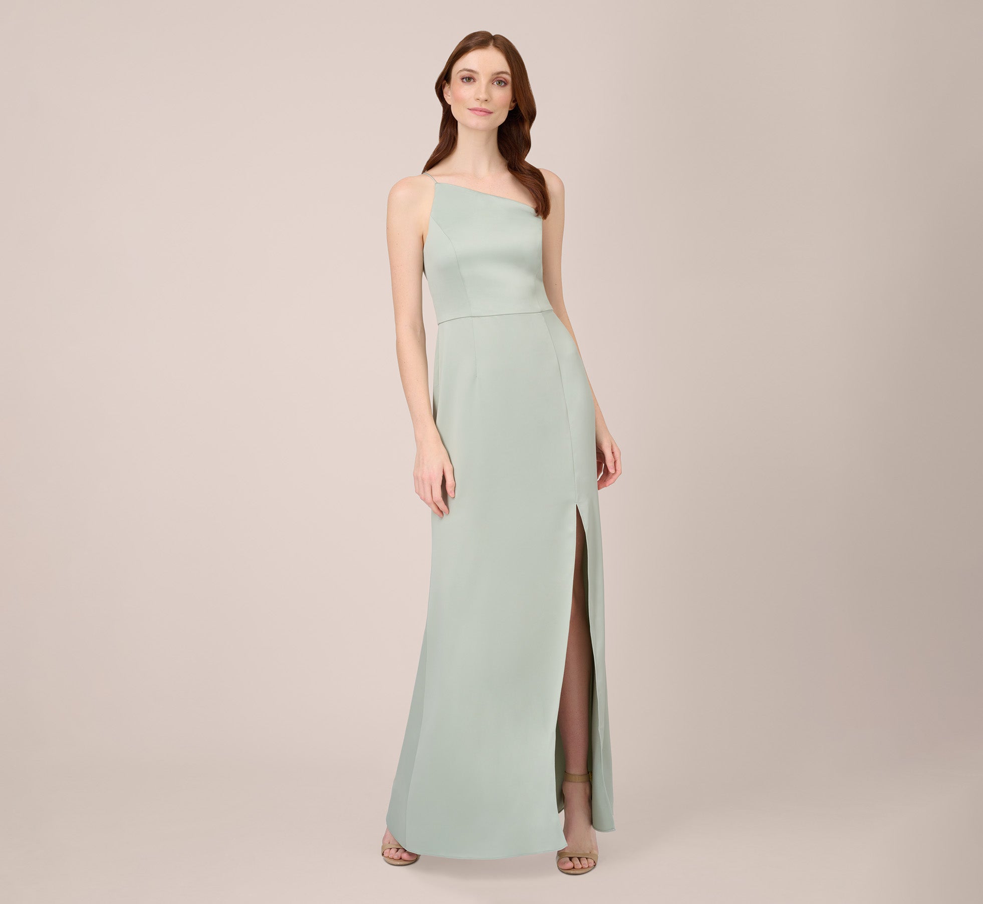 Satin Crepe One Shoulder Gown With Metal Ring Accent In Deep Forest