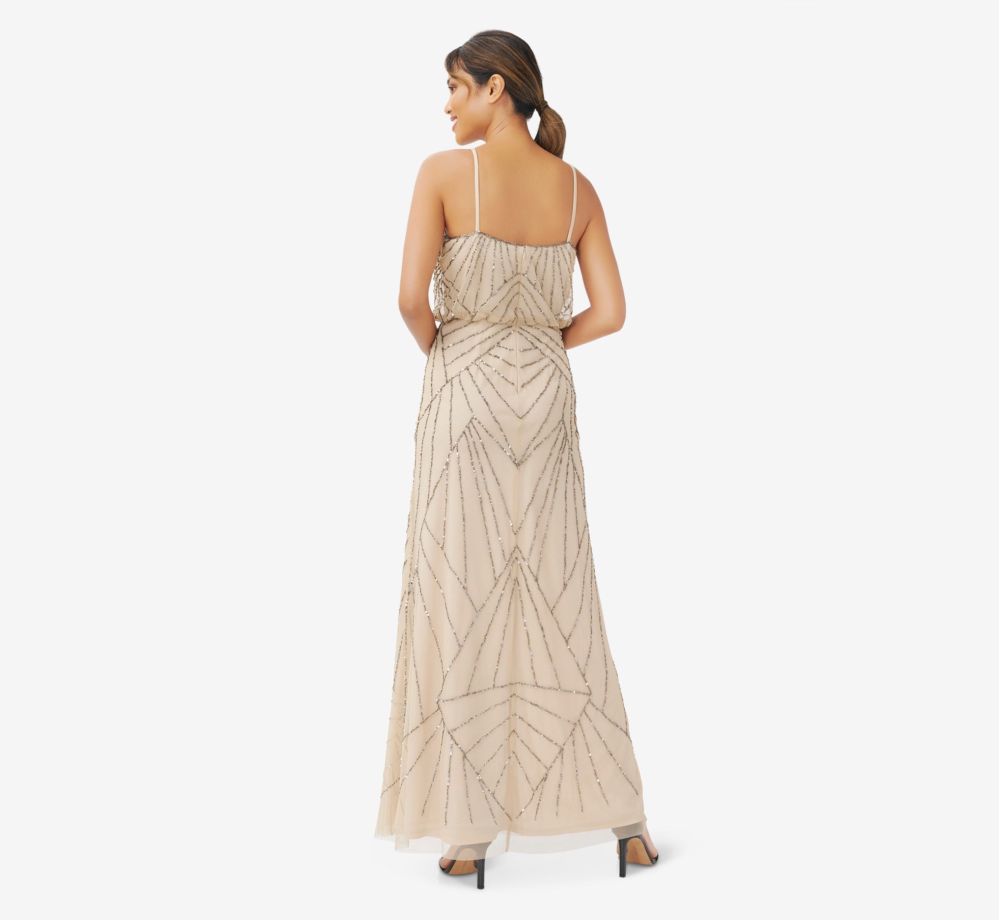 Hand Beaded Blouson Long Sleeveless Gown In Nude Adrianna Papell