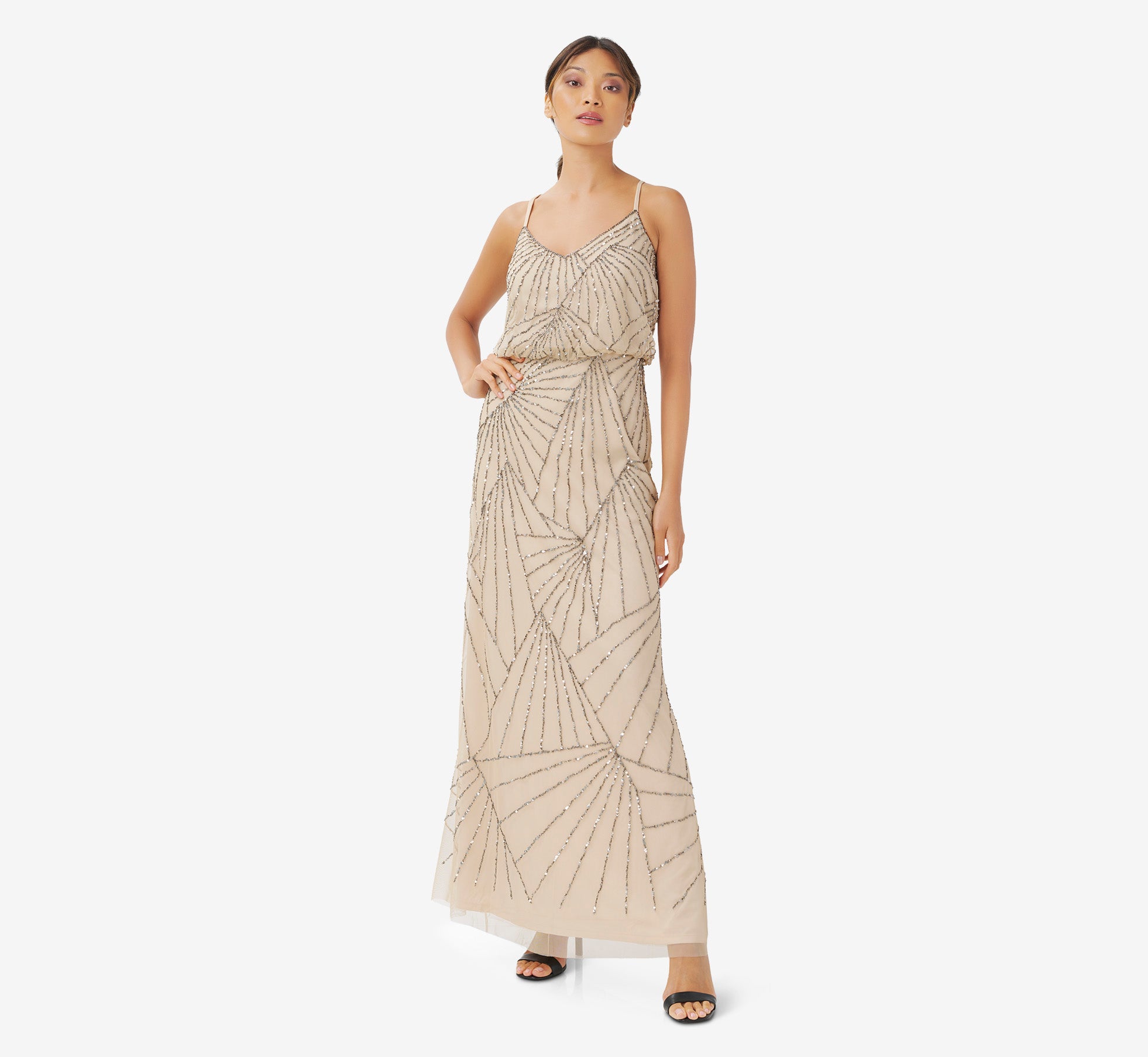 Hand Beaded Blouson Long Sleeveless Gown In Nude Adrianna