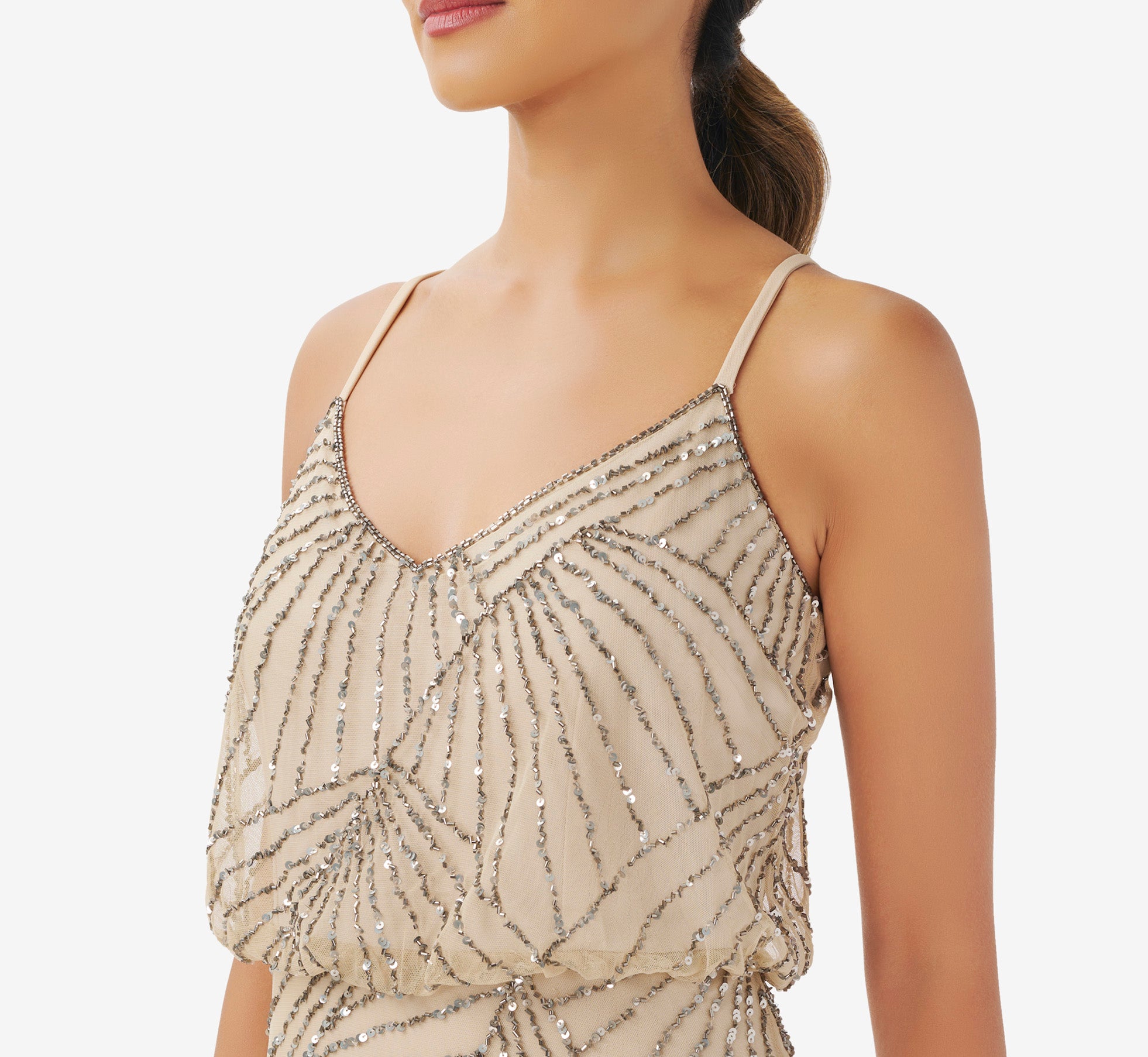 Hand-Beaded Blouson Long Sleeveless Gown In Nude | Adrianna Papell