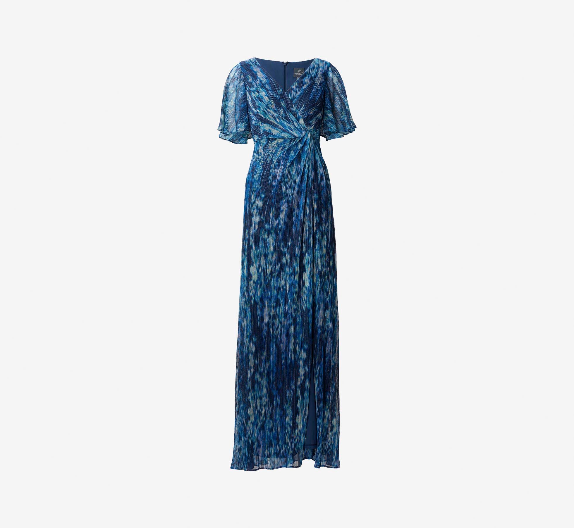 Floral-Print Metallic Crinkled Mesh Faux Wrap Long Gown In Navy