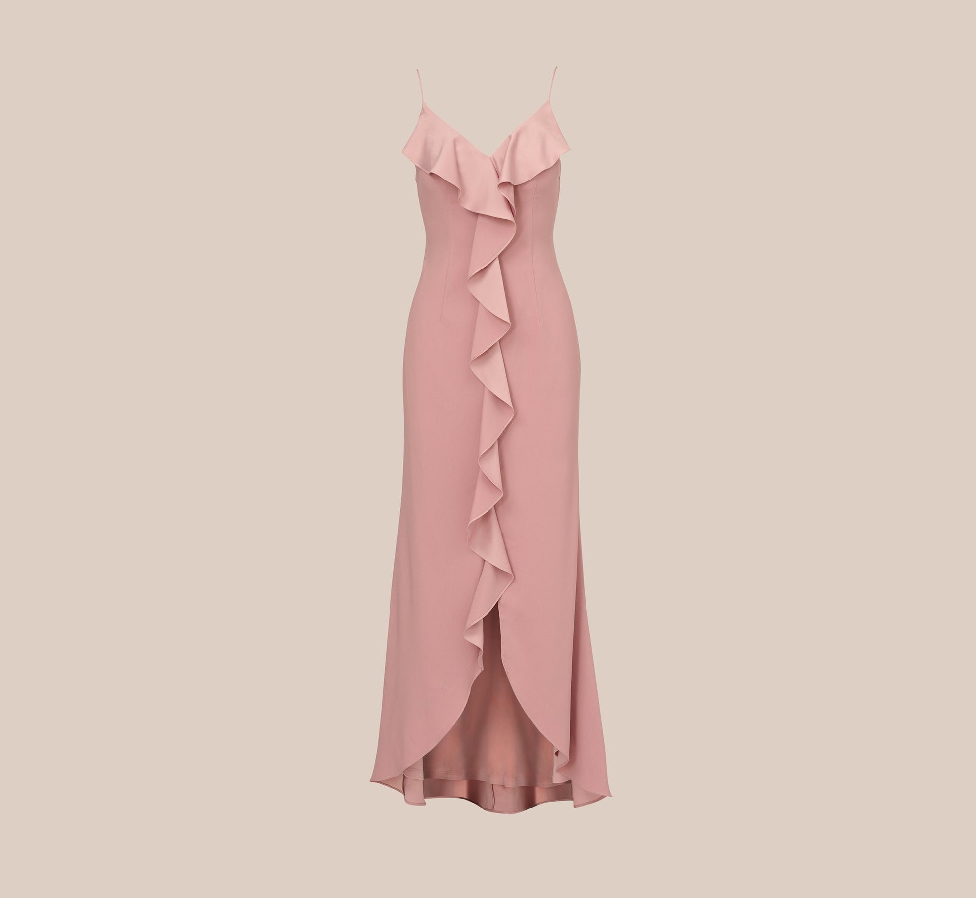 Satin Crepe Ruffle Front Long Gown In Steel Rose | Adrianna Papell