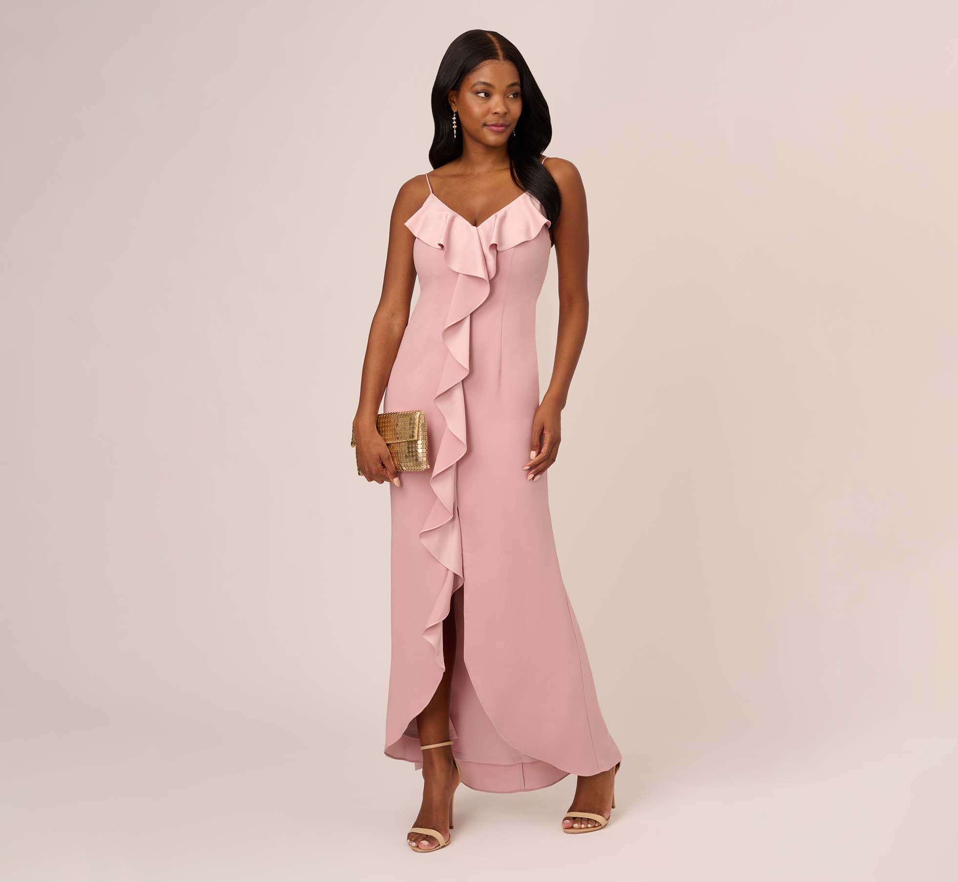 Satin Crepe Ruffle Front Long Gown In Steel Rose Adrianna Papell