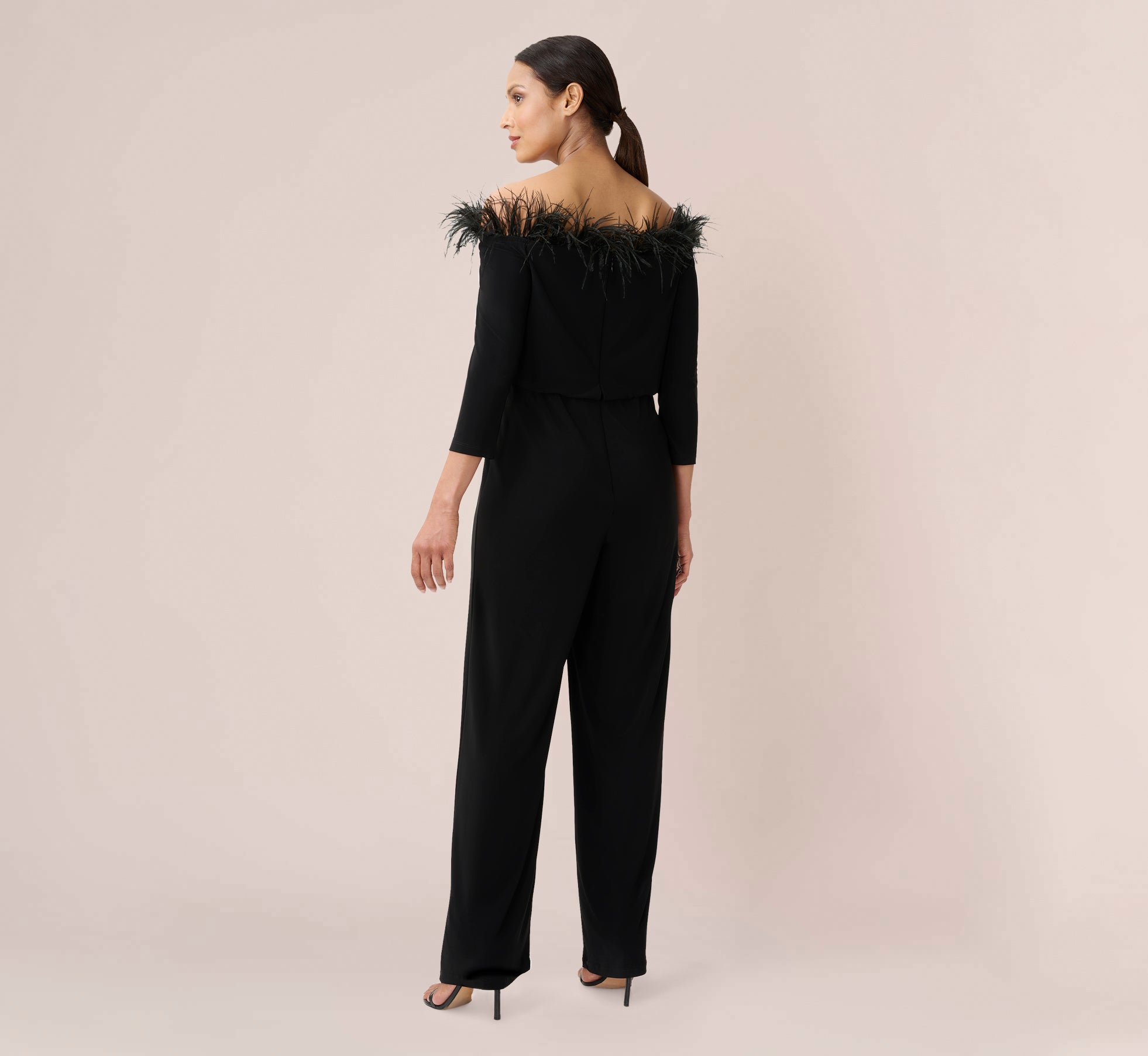 Feather-Trim Off-The-Shoulder Jersey Jumpsuit In Black | Adrianna