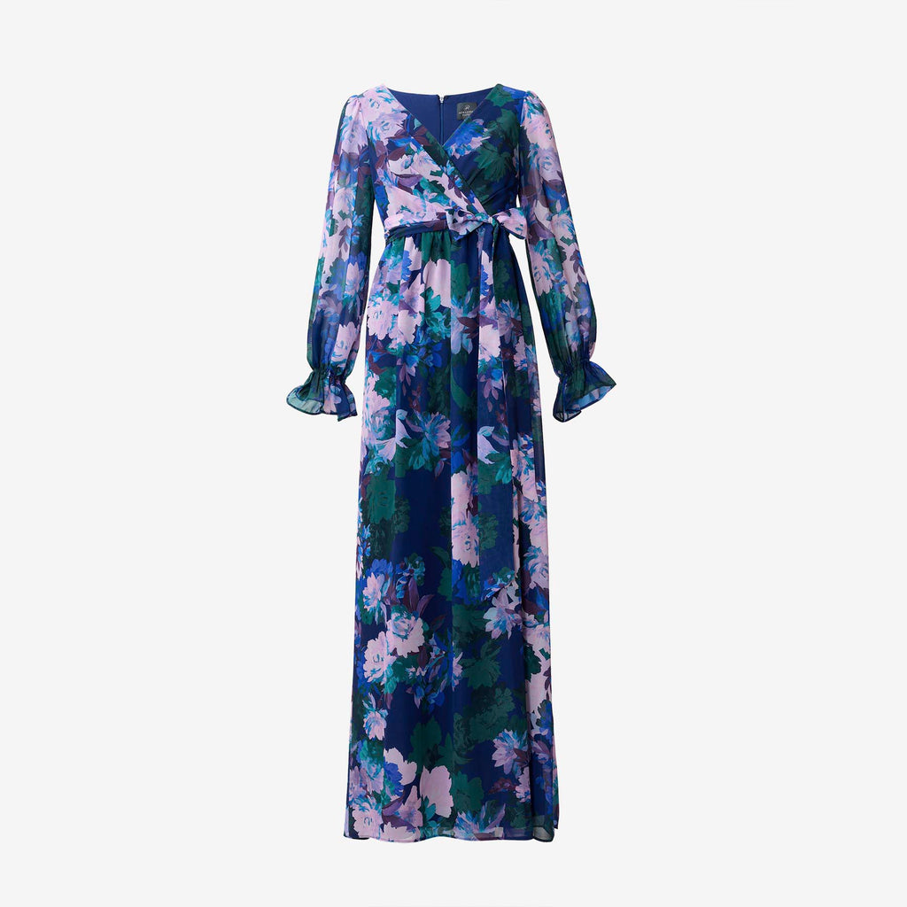 Adrianna Papell Floral Print V-Neck Long Sleeve Chiffon Gown - 4