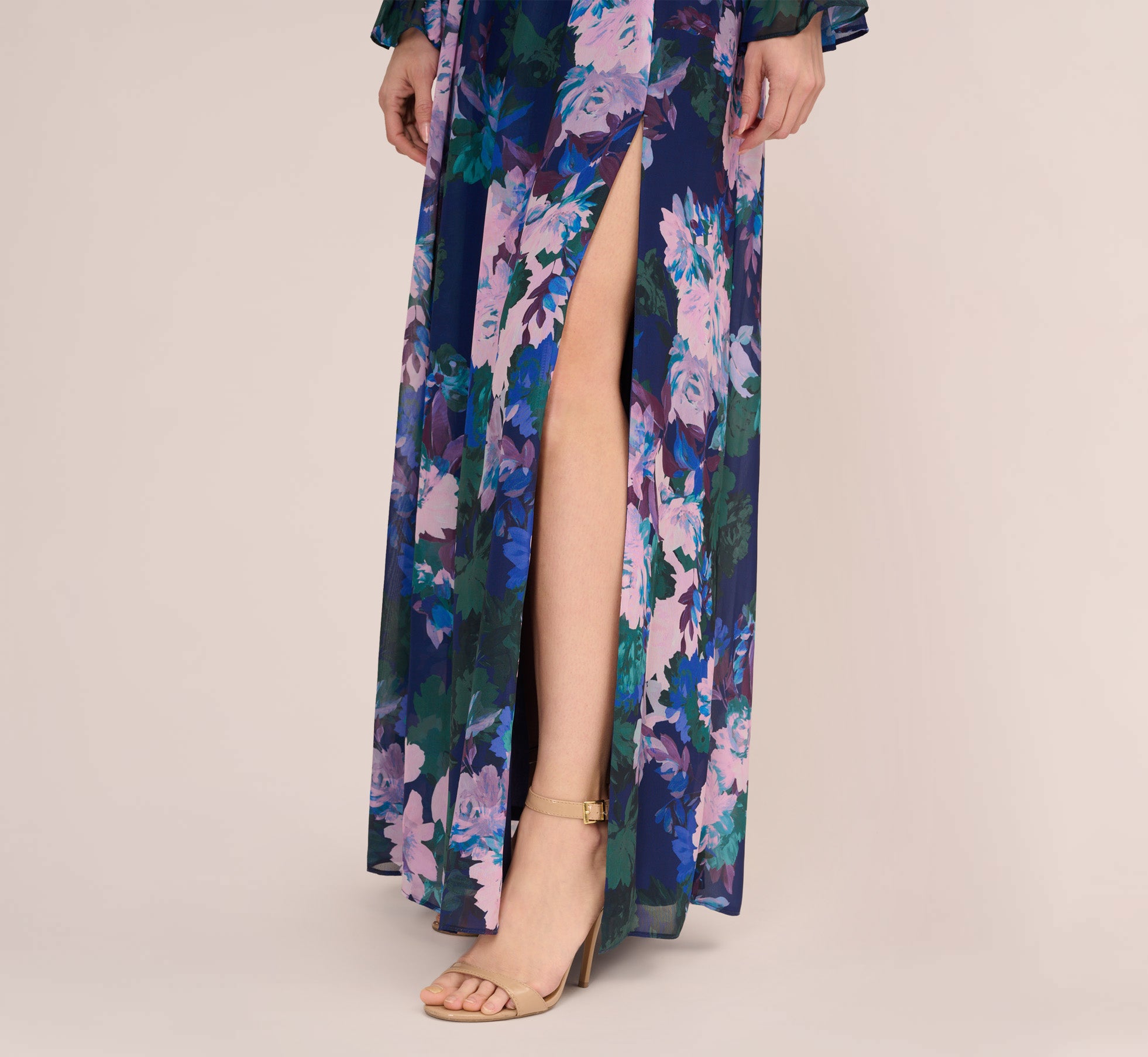 Floral-Print Long Shirred Chiffon Gown In Navy Multi | Adrianna Papell