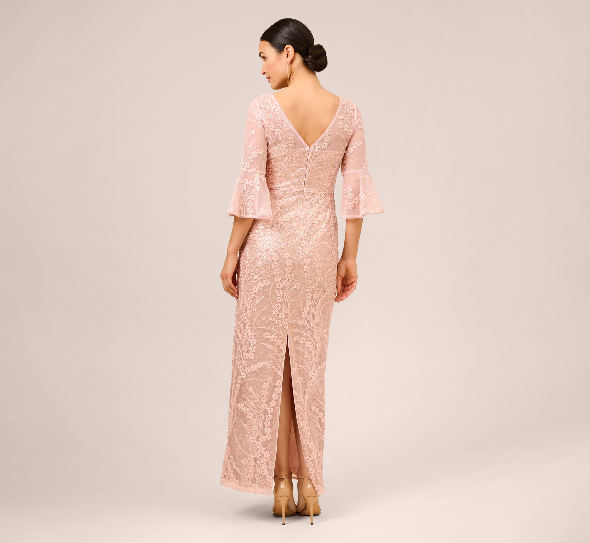 Hand Sequined And Embroidered Illusion Long Column Gown In Blush