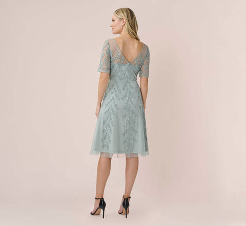 Hand-Beaded Illusion Midi-Length Fit-And-Flare Cocktail Dress In Frosted Sage