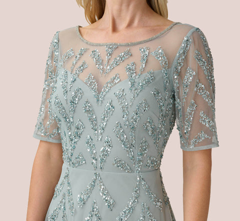 Hand-Beaded Illusion Midi-Length Fit-And-Flare Cocktail Dress In Frosted Sage