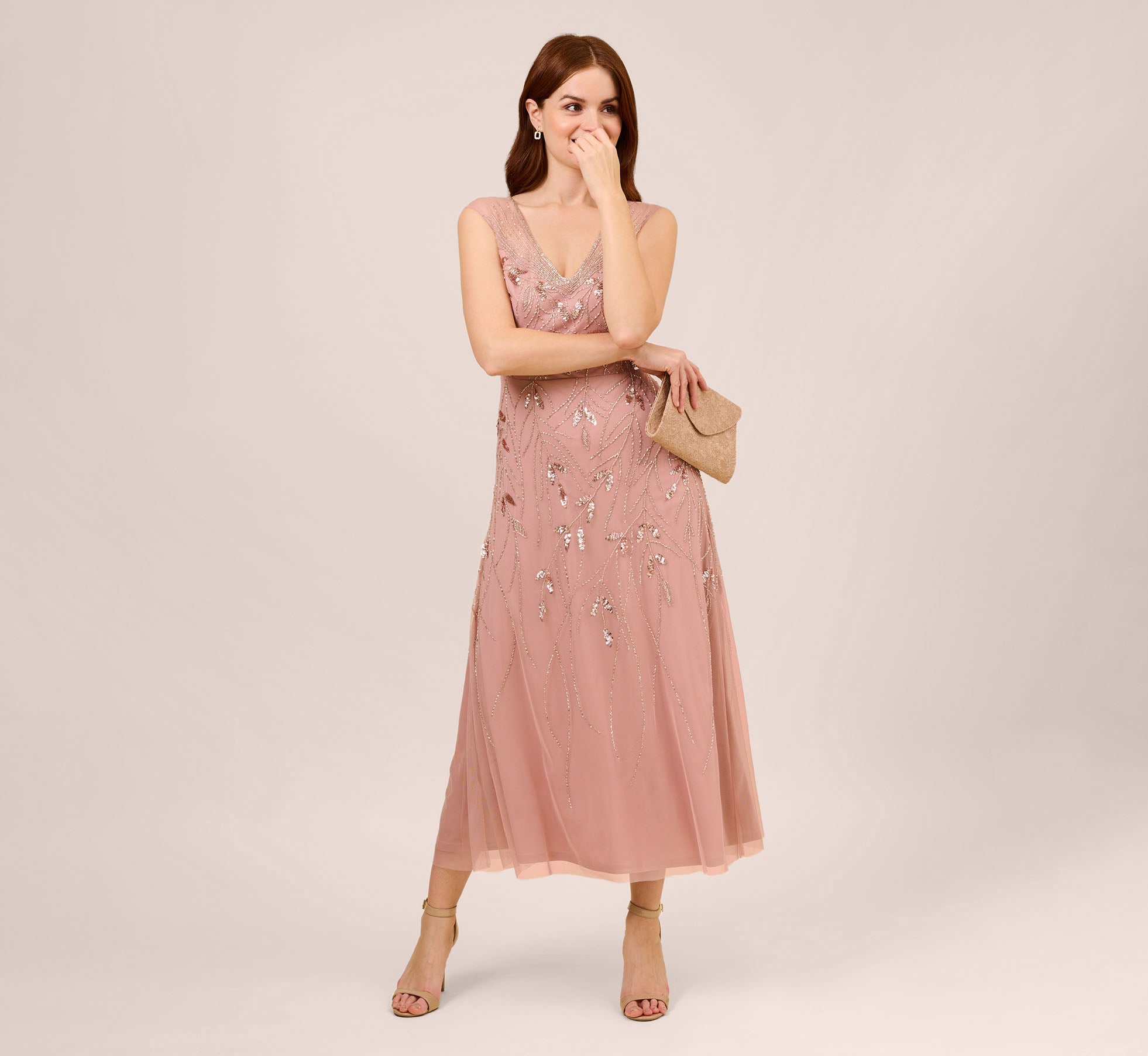 Hand-Beaded Illusion Ankle-Length Dress In Candied Ginger