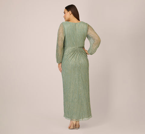 Plus Size Metallic Crinkled Mesh Draped Long Gown In Green Slate