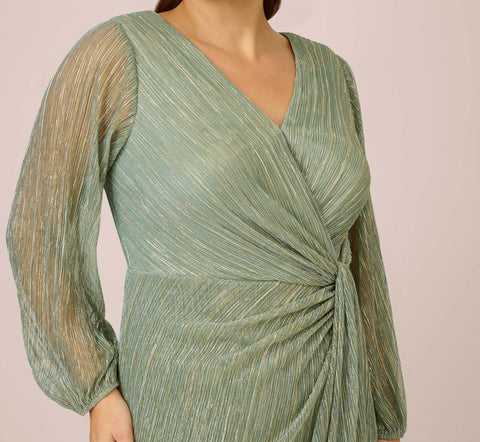 Plus Size Metallic Crinkled Mesh Draped Long Gown In Green Slate