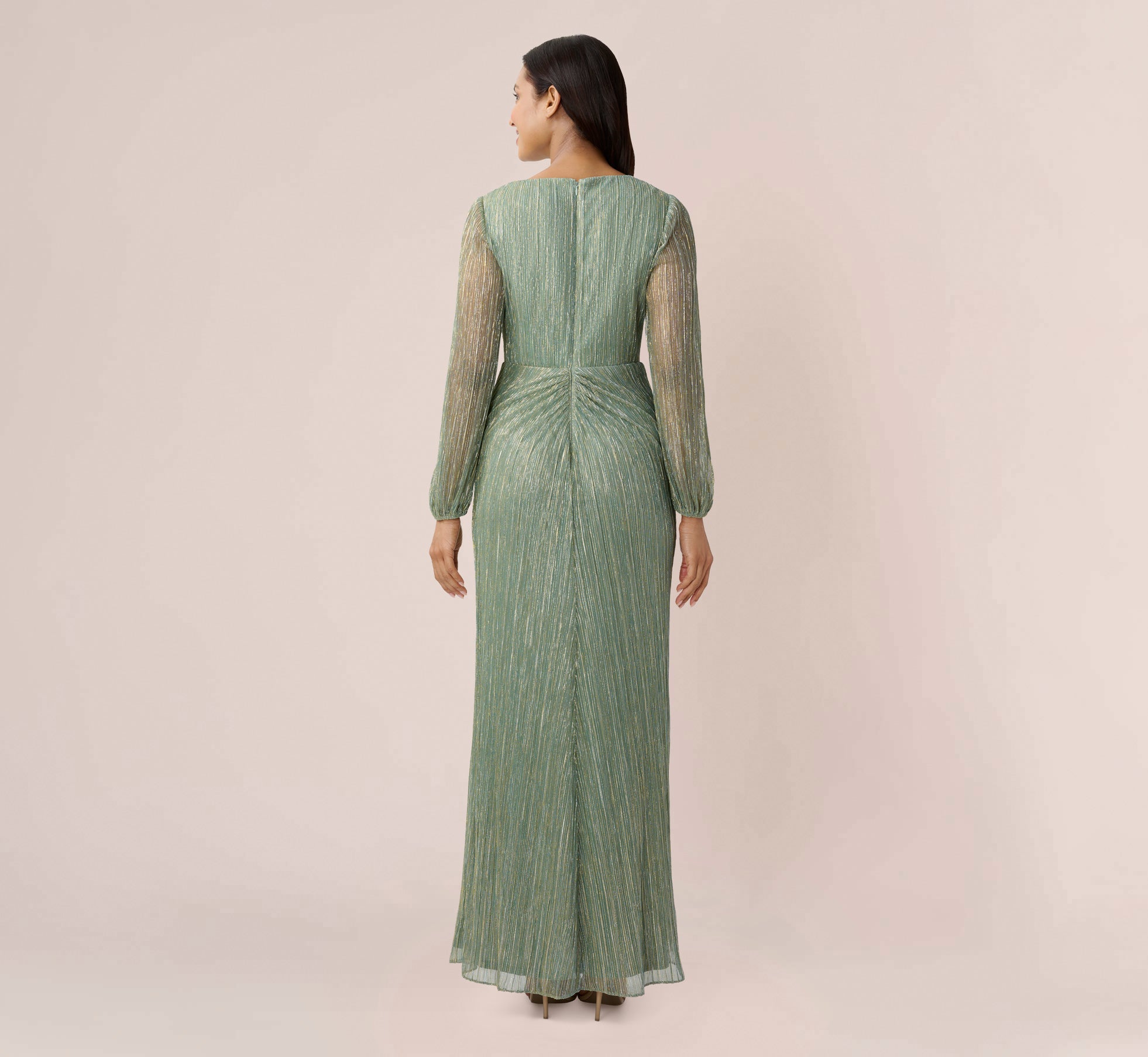 Metallic Crinkled Mesh Draped Long Gown In Green Slate Adrianna