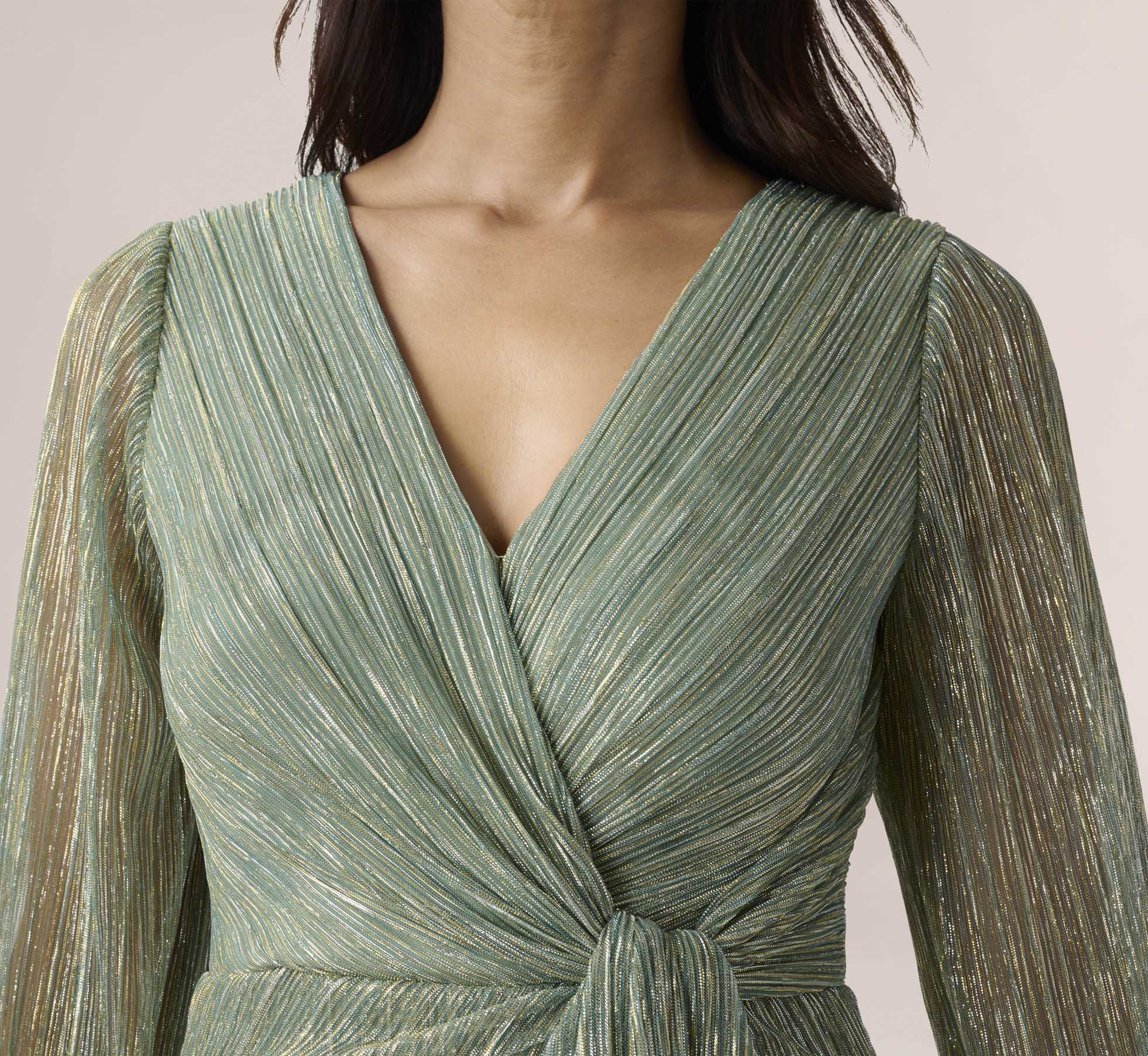 Metallic Crinkled Mesh Draped Long Gown In Green Slate Adrianna