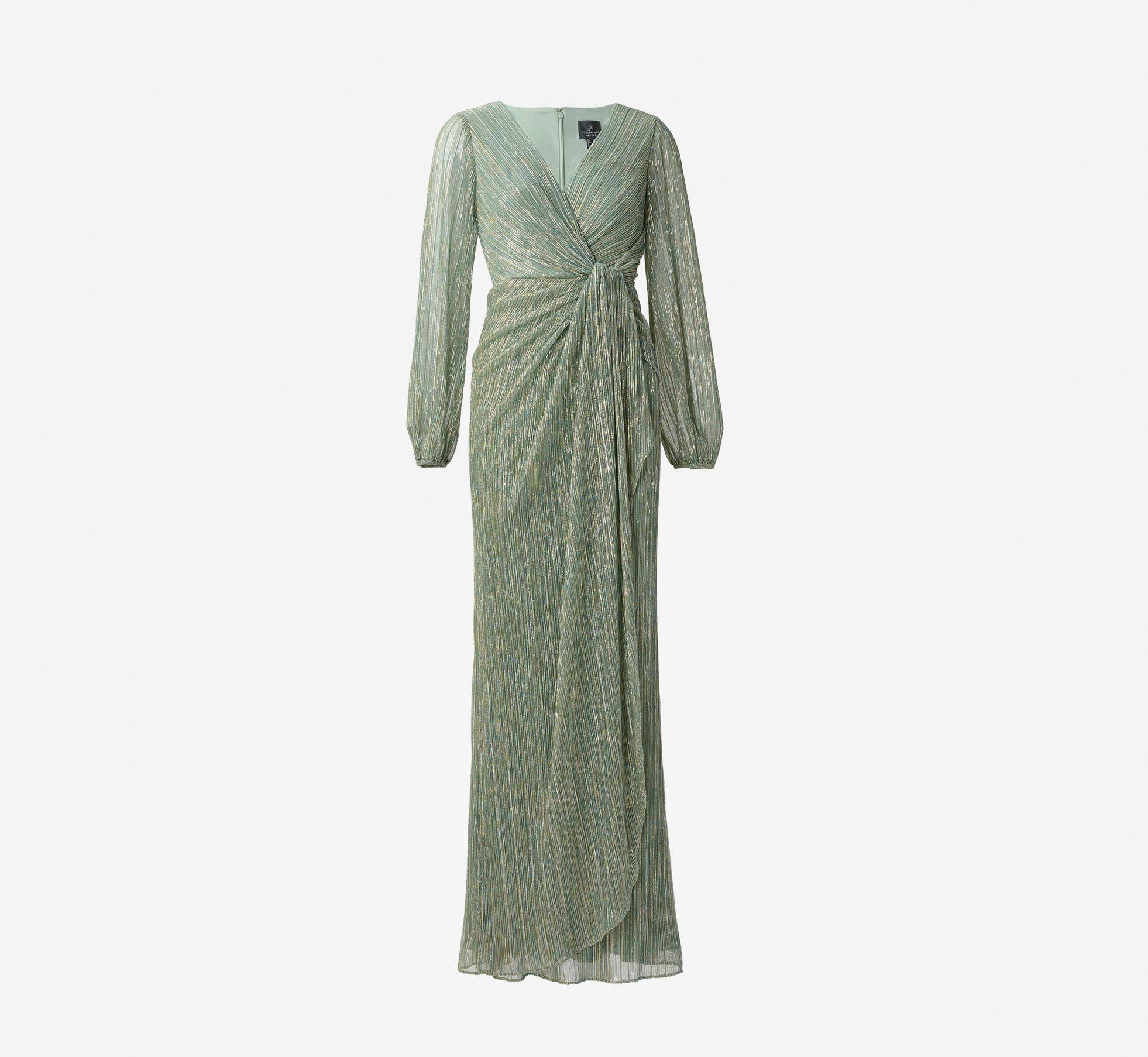 Metallic Crinkled Mesh Draped Long Gown In Green Slate Adrianna