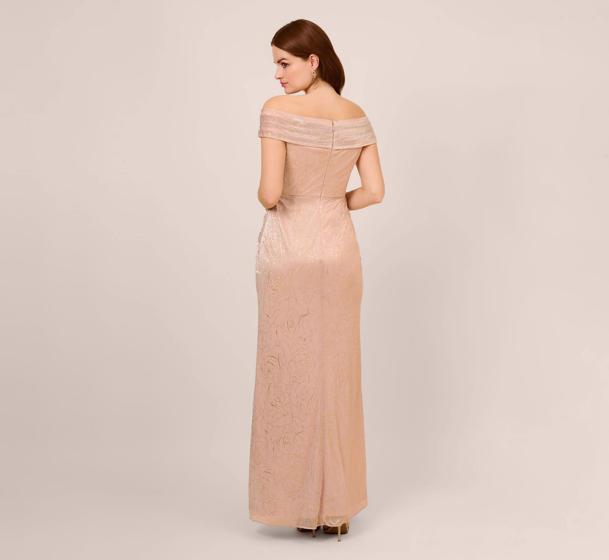 Metallic Rose Motif Off The Shoulder Long Gown In Rose Gold