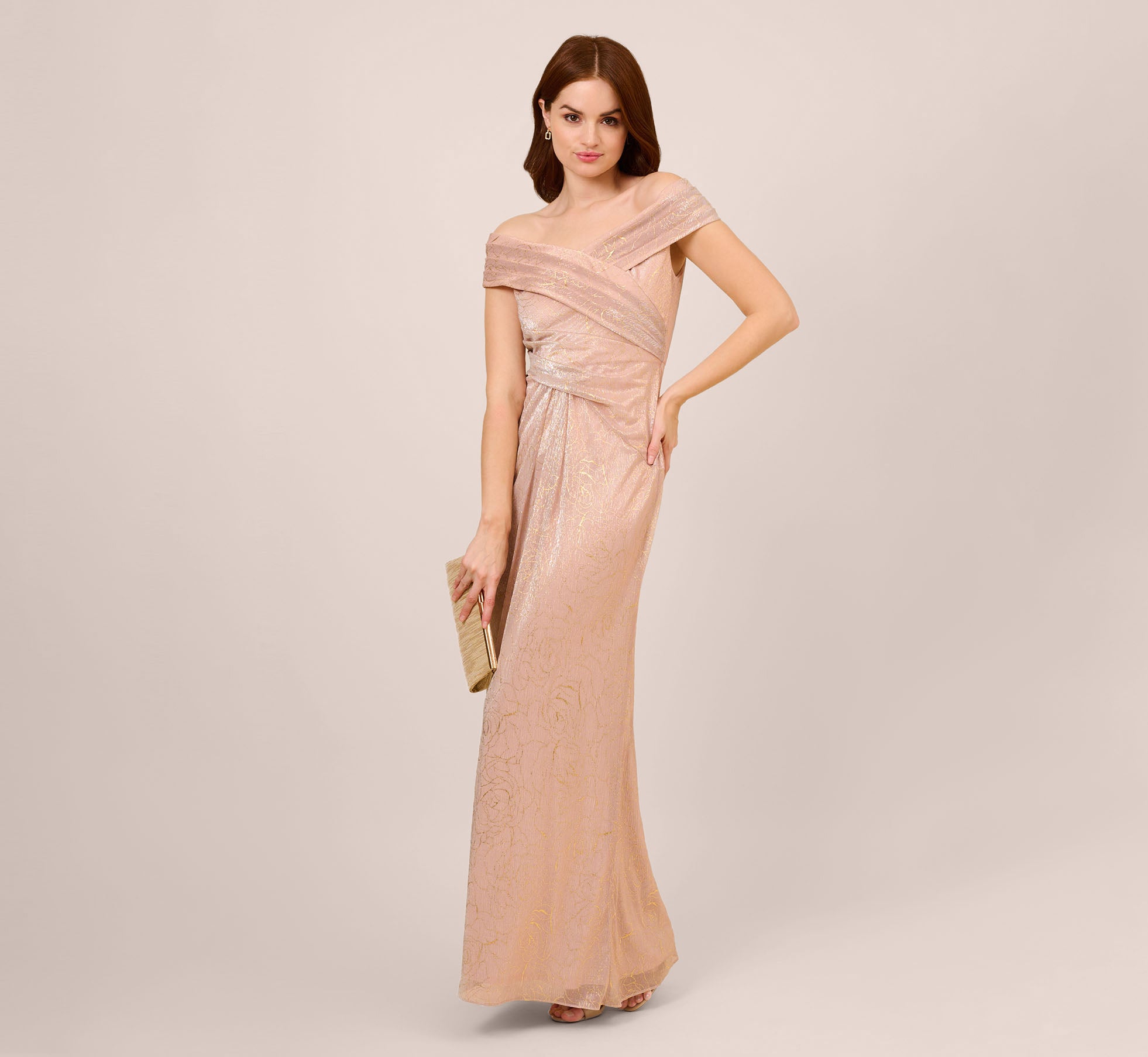 Metallic Rose Motif Off The Shoulder Long Gown In Rose Gold