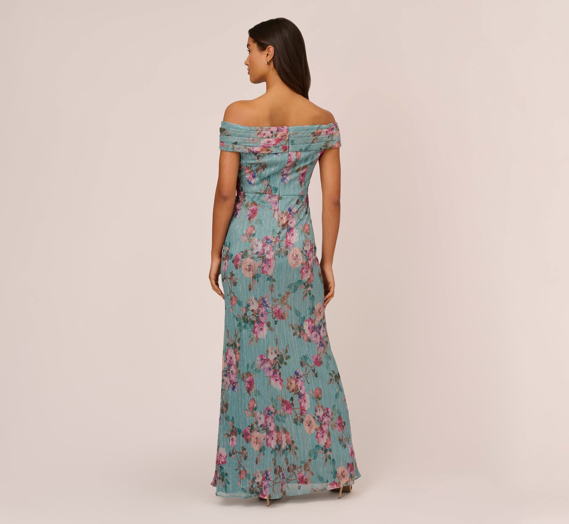 Floral Print Off The Shoulder Metallic Crinkled Mesh Long Gown In