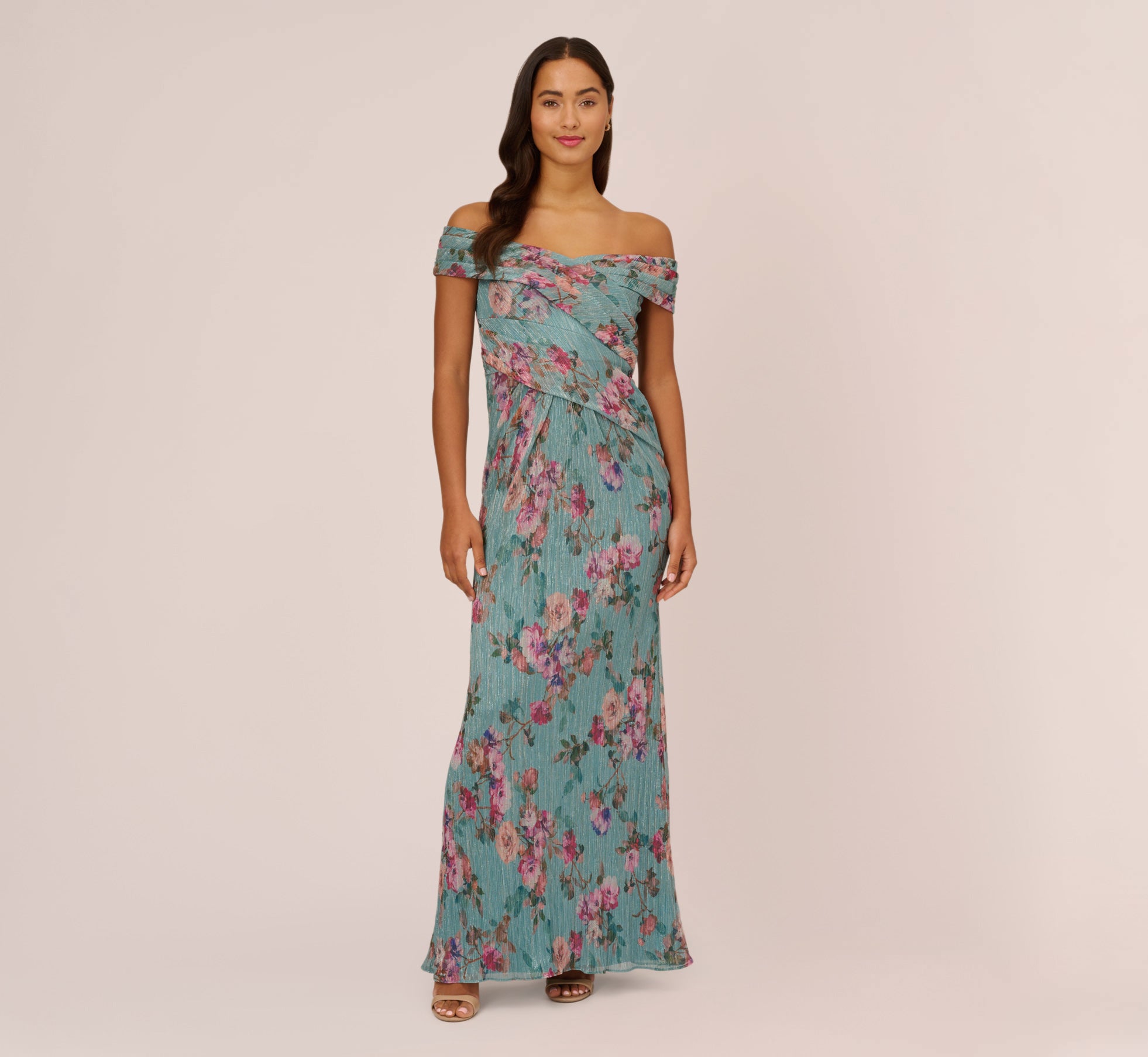 Floral Print Off The Shoulder Metallic Crinkled Mesh Long Gown In