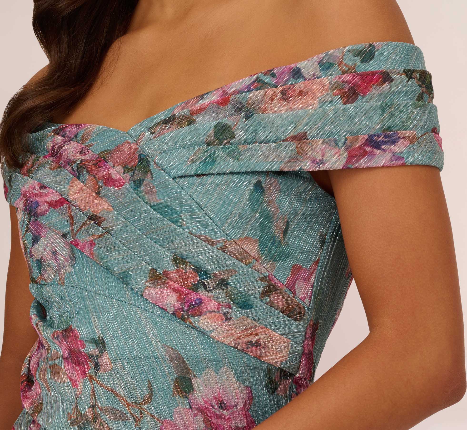 Floral Print Off The Shoulder Metallic Crinkled Mesh Long Gown In