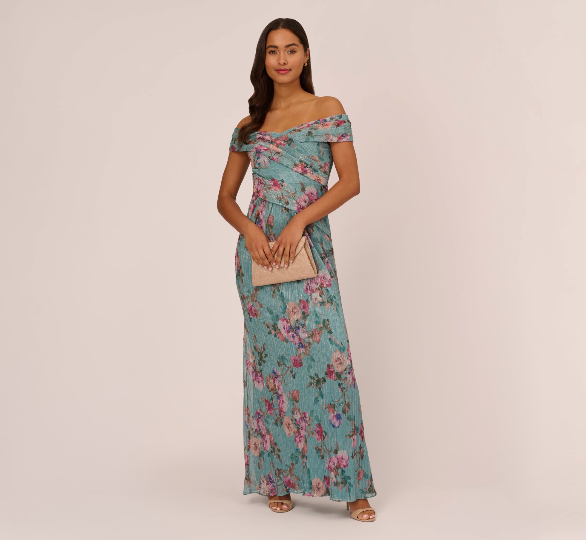 Floral Print Off The Shoulder Metallic Crinkled Mesh Long Gown In