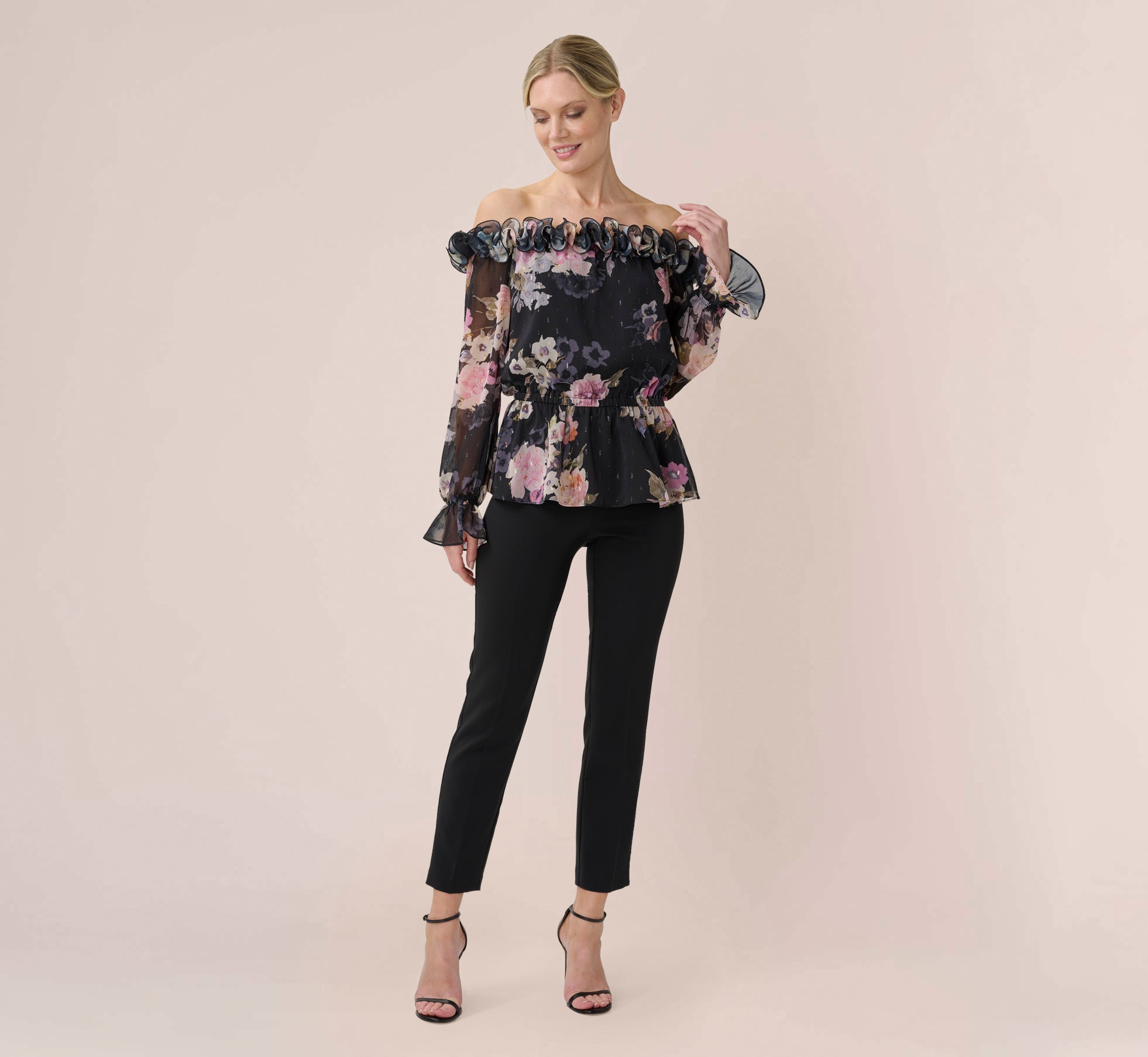 Metallic Floral Chiffon Off The Shoulder Blouson Top With Rosettes