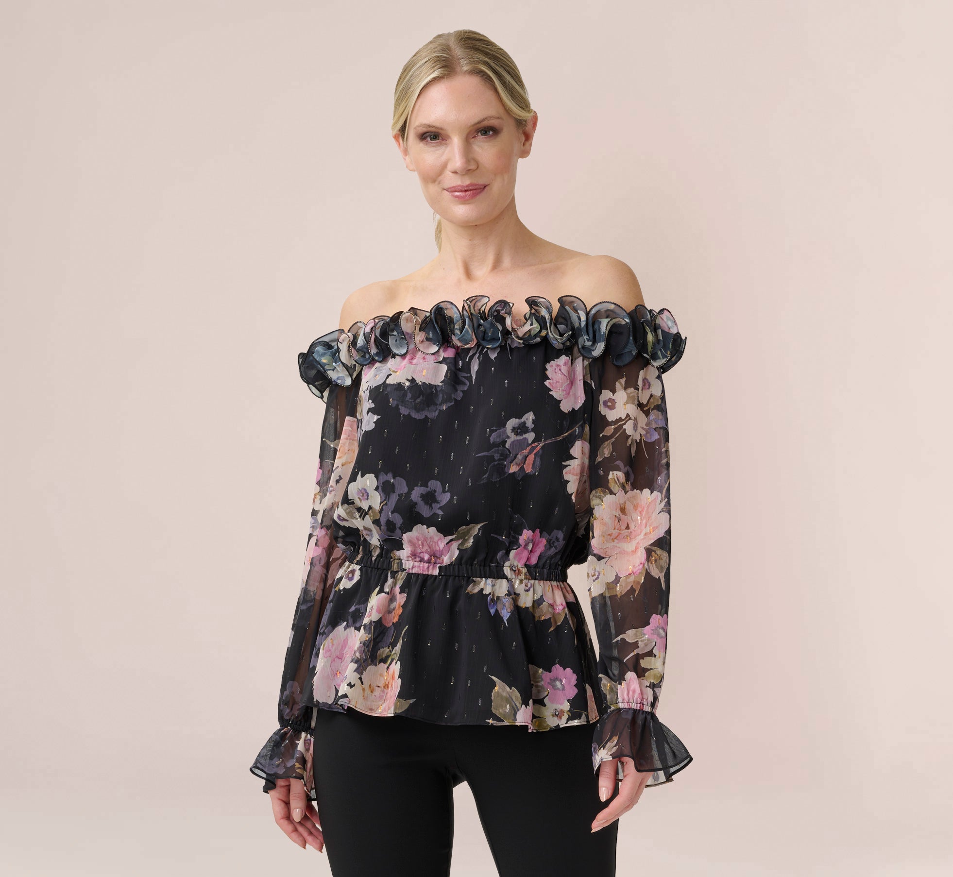 Metallic Floral Chiffon Off The Shoulder Blouson Top With Rosettes