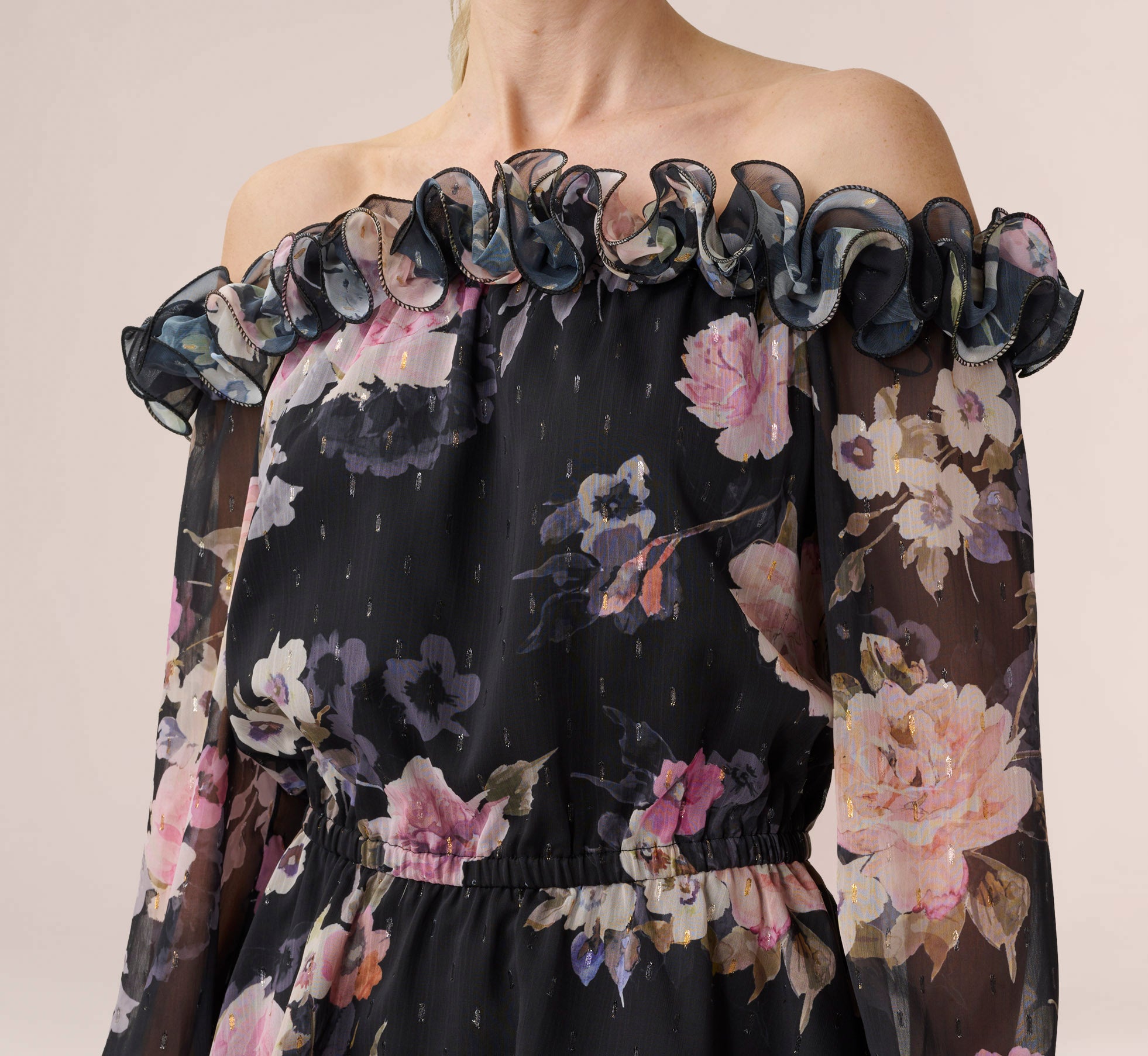 Metallic Floral Chiffon Off The Shoulder Blouson Top With Rosettes