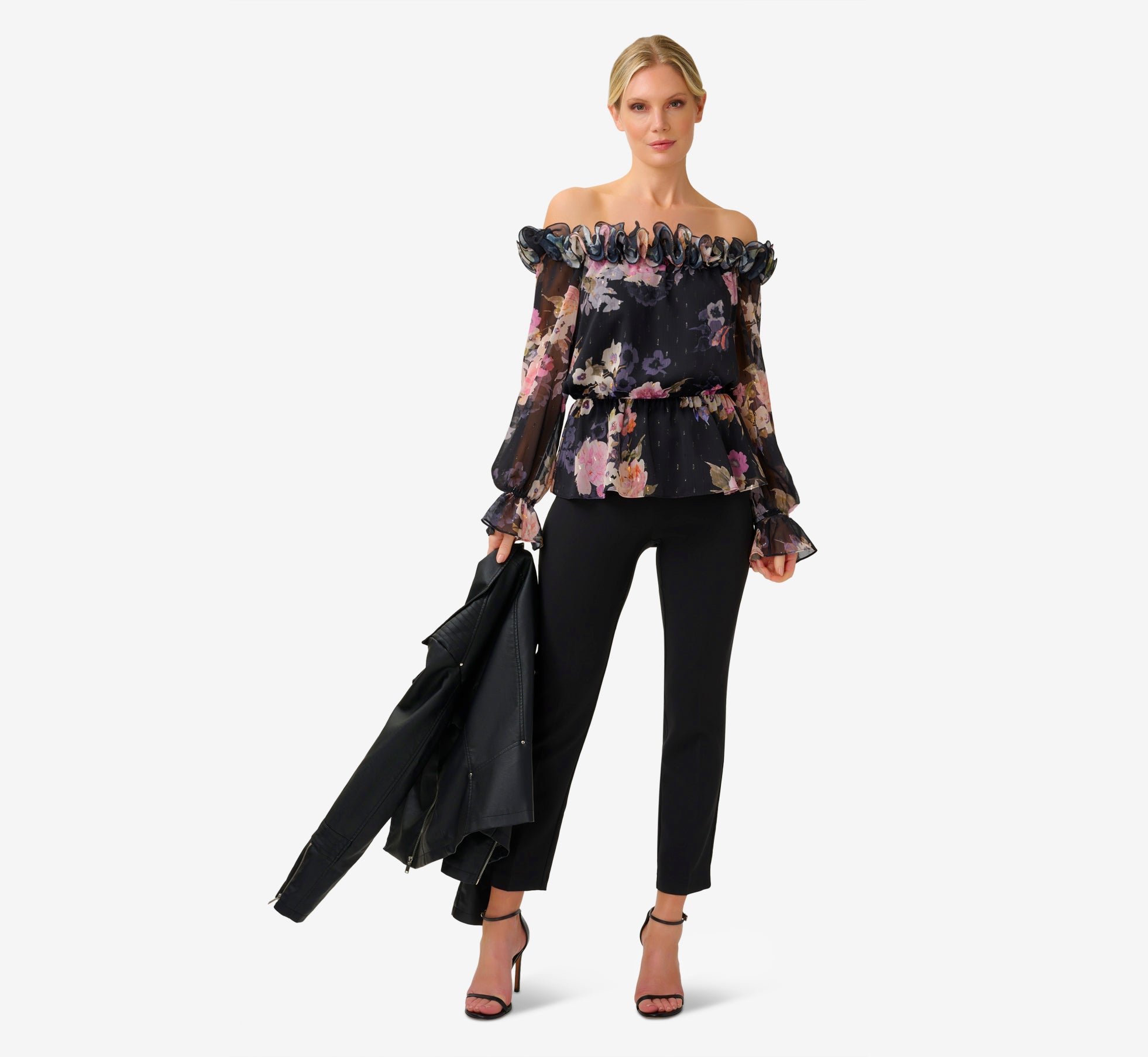 Metallic Floral Chiffon Off The Shoulder Blouson Top With Rosettes