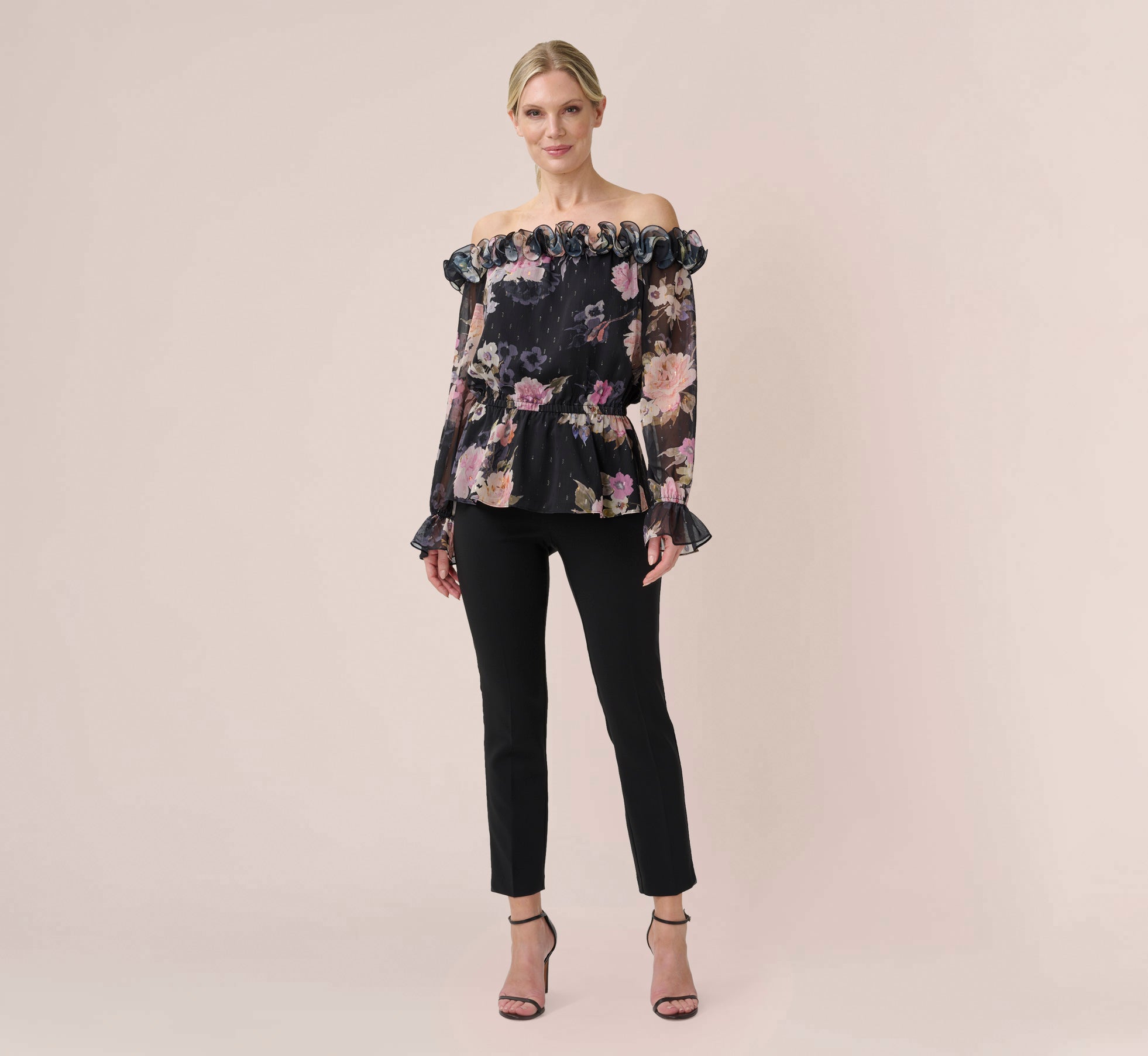 Metallic Floral Chiffon Off The Shoulder Blouson Top With Rosettes