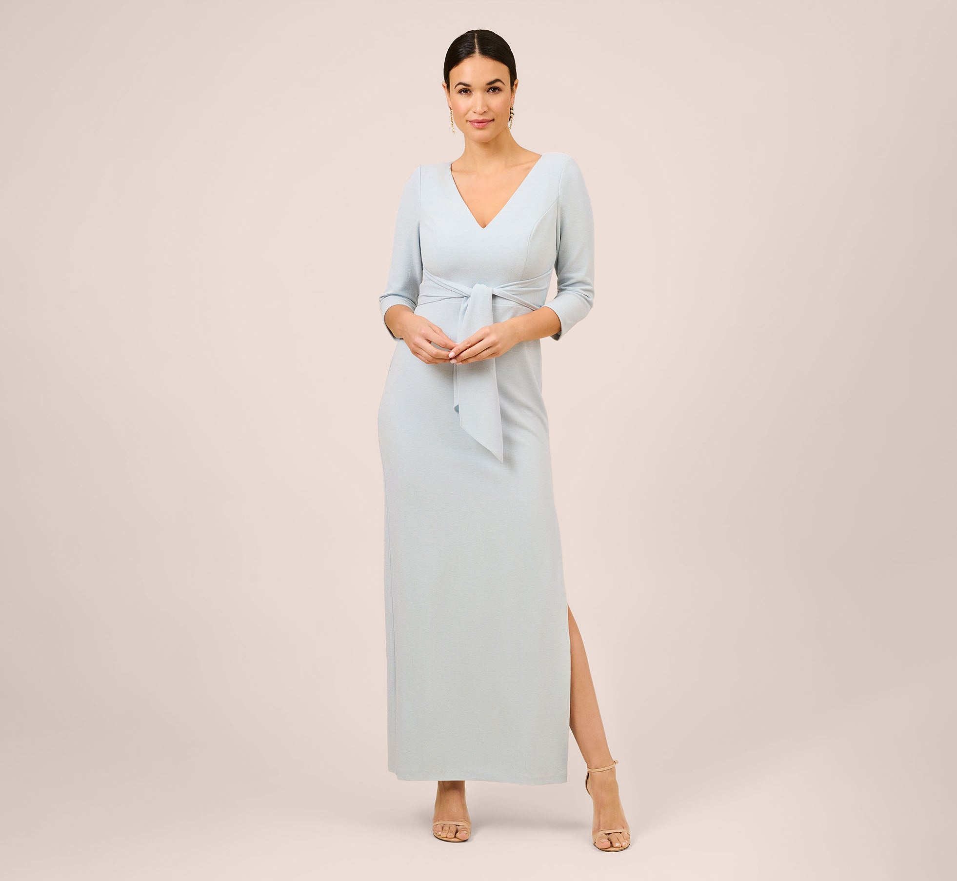 Metallic Knit Tie-Front Long Column Gown In Skyway 1