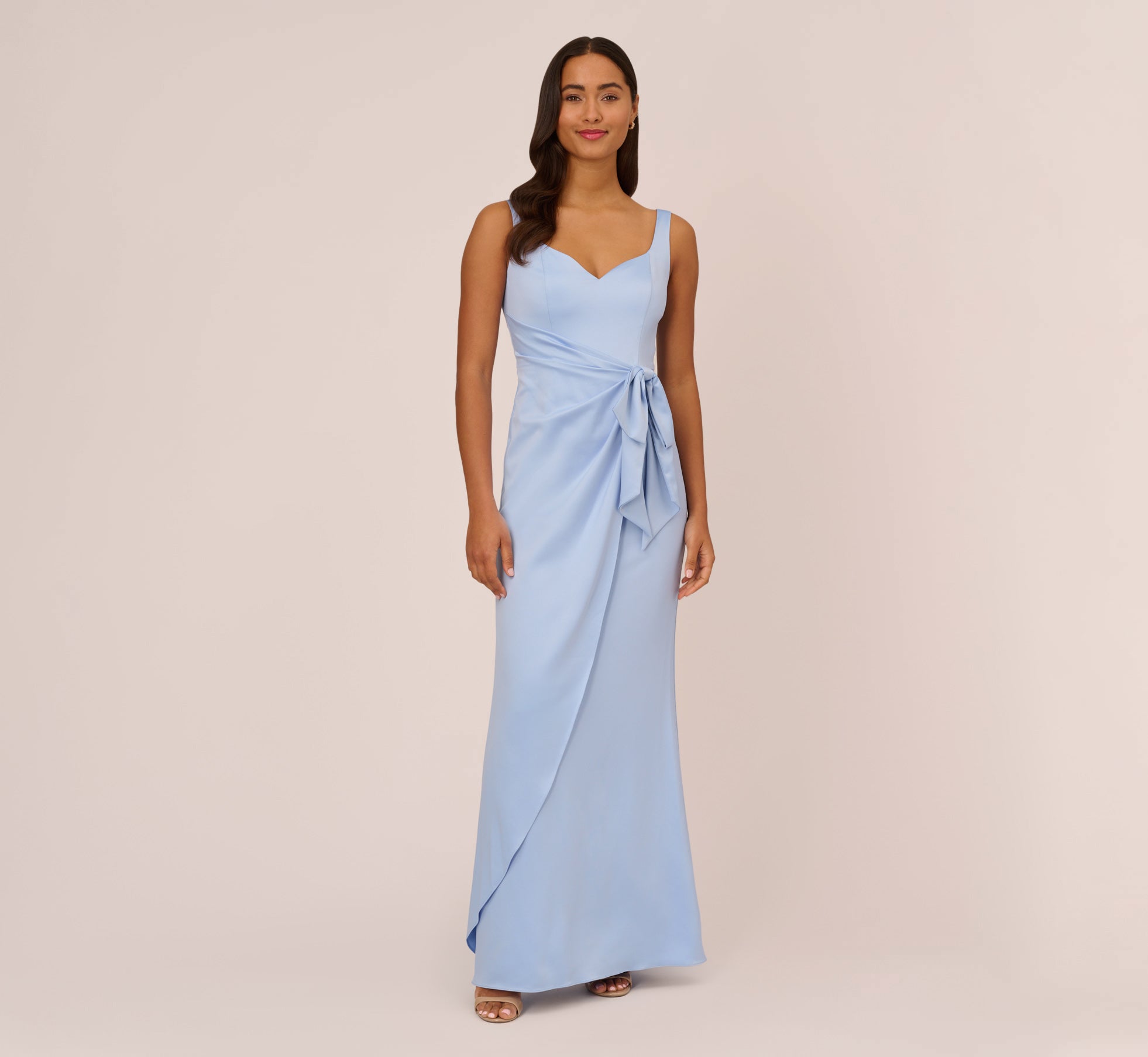 Satin Crepe Mermaid Gown With Tie Waist In Blue Breeze