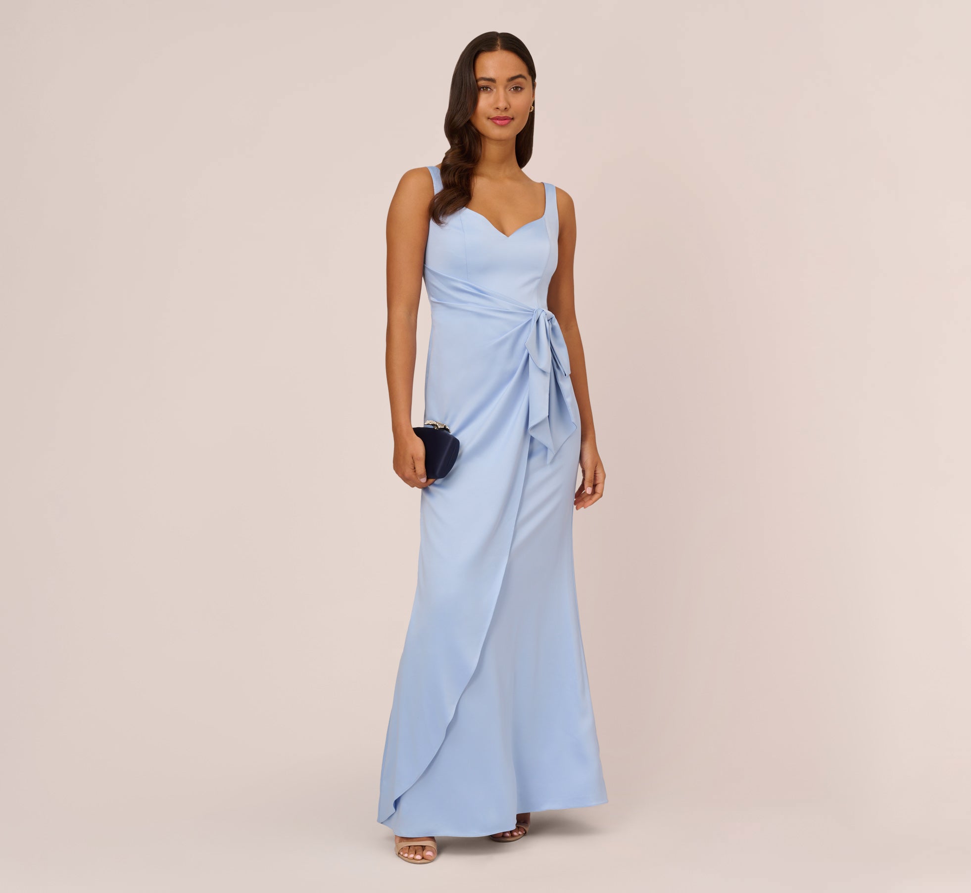 Satin Crepe Mermaid Gown With Tie Waist In Blue Breeze