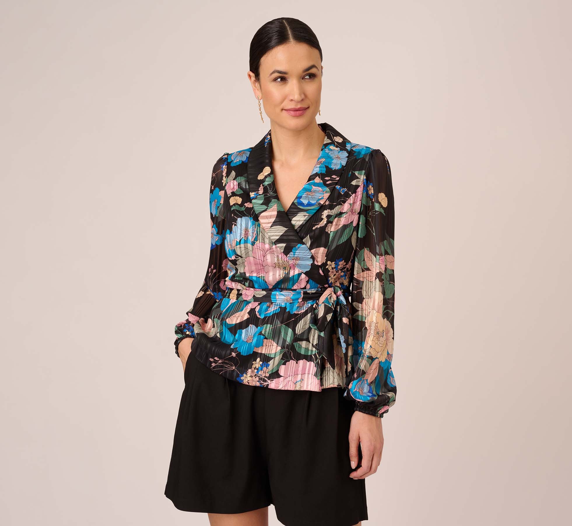 Floral Print Metallic Clip Dot Chiffon Faux Wrap Tuxedo Top In