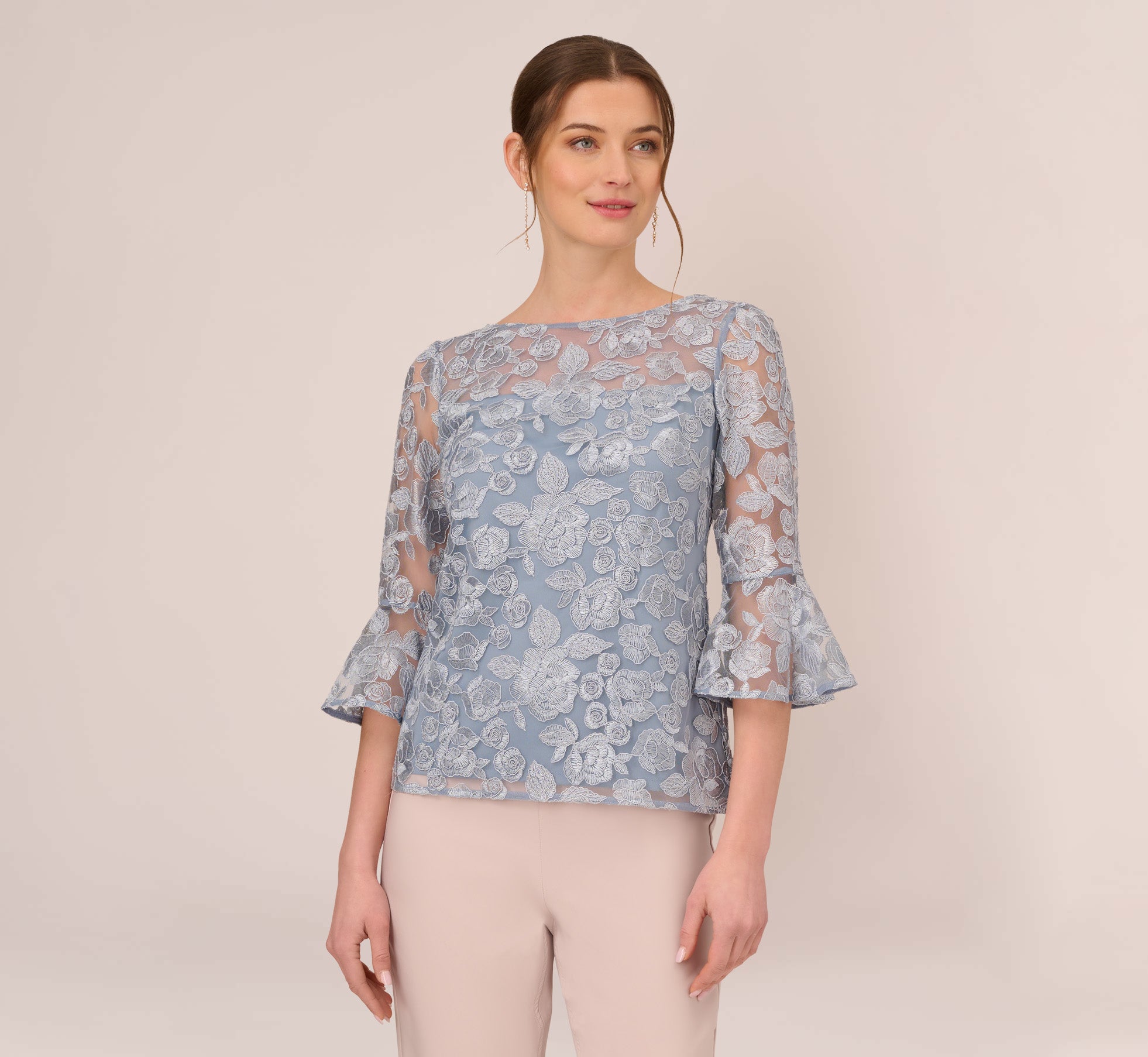 Floral Embroidered Top With Bell Sleeves In Light Blue Adrianna