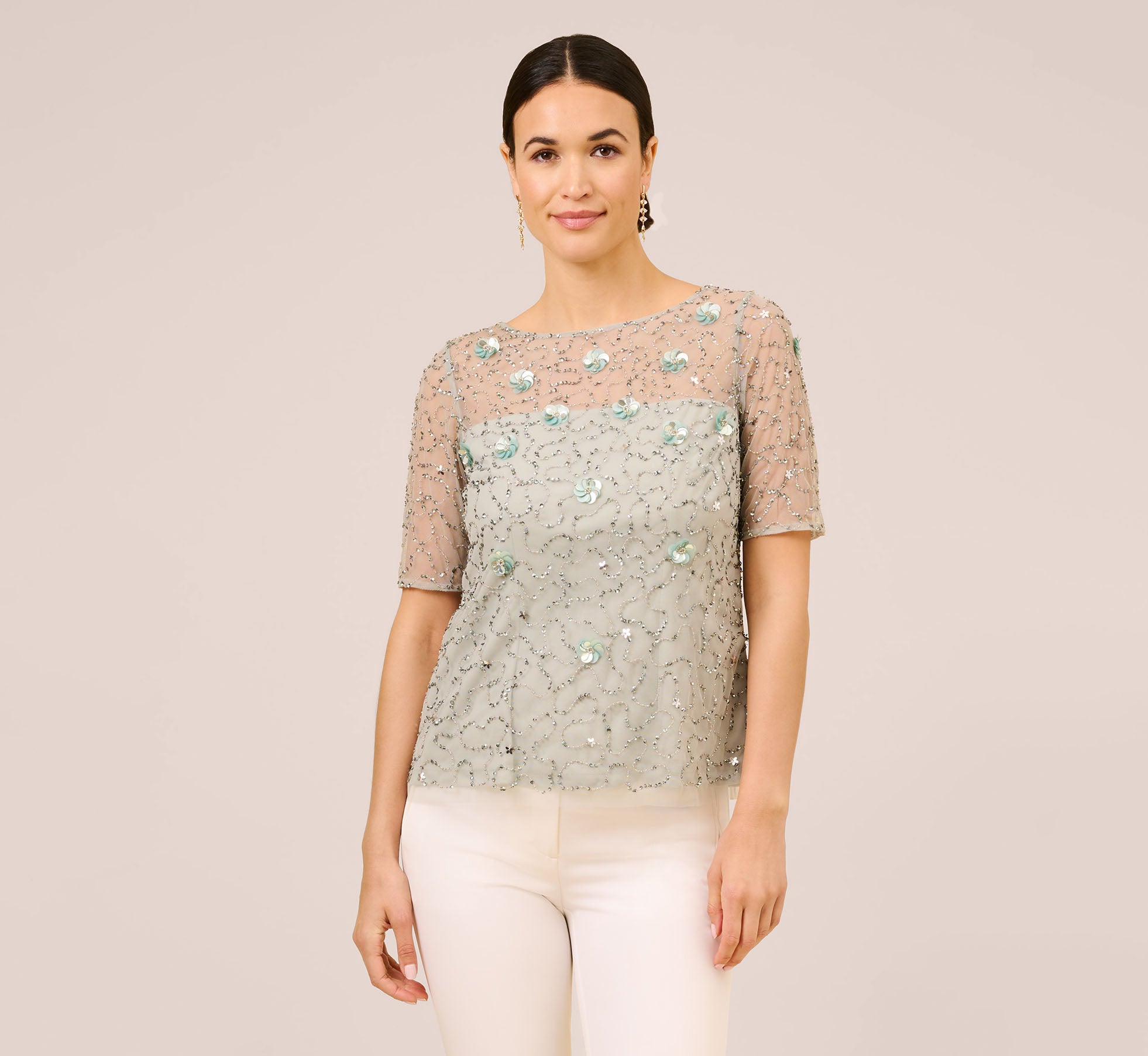 Hand Beaded 3D Floral Illusion Top In Frosted Sage Adrianna Papell