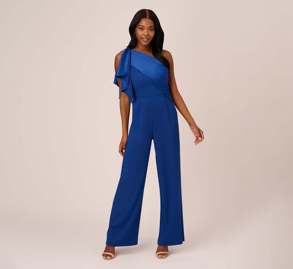 Satin Crepe Draped One Shoulder Wide Leg Jumpsuit In Rich Royal