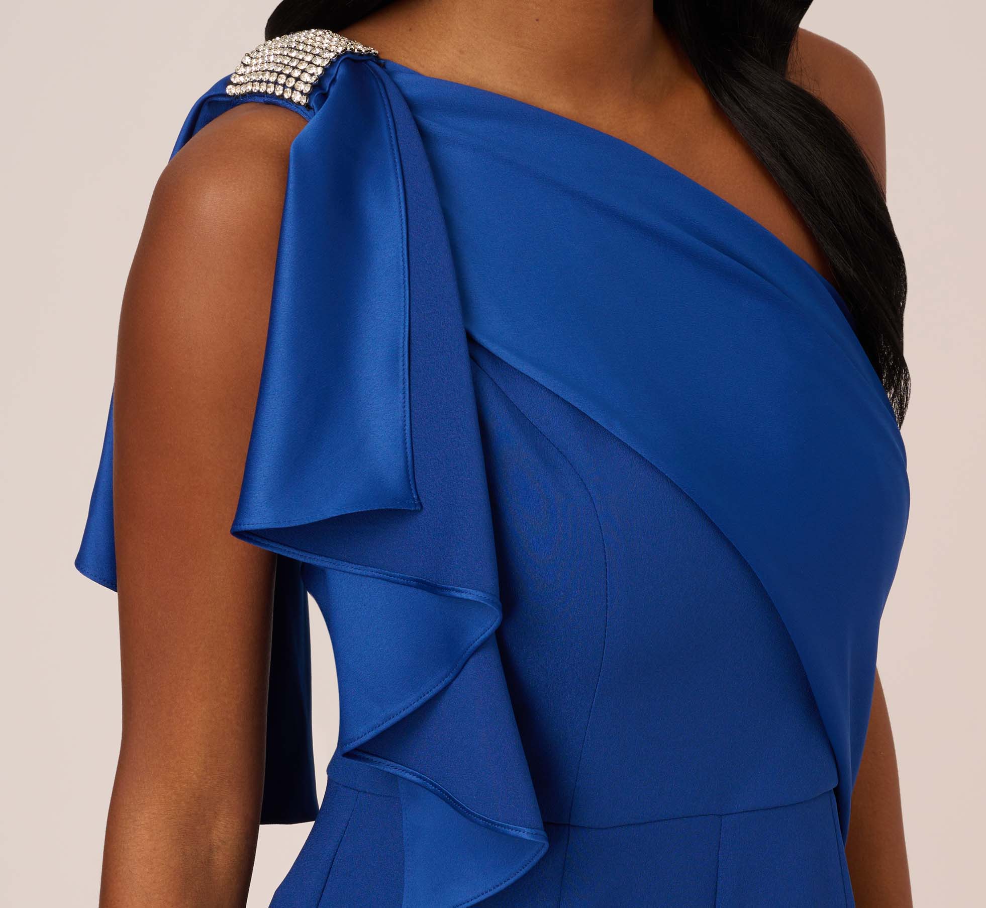 Satin Crepe Draped One Shoulder Wide Leg Jumpsuit In Rich Royal