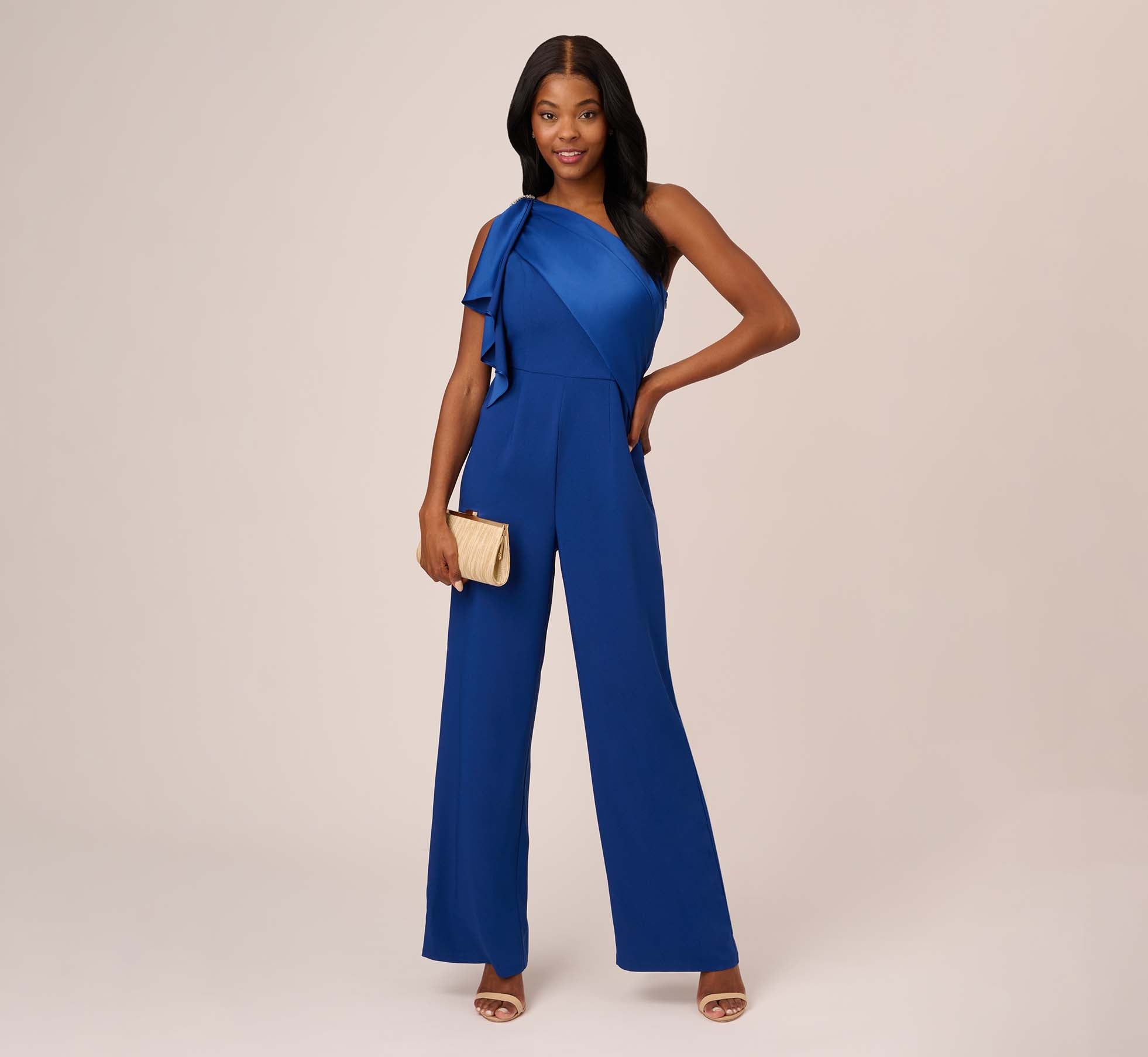 Satin Crepe Draped One Shoulder Wide Leg Jumpsuit In Rich Royal