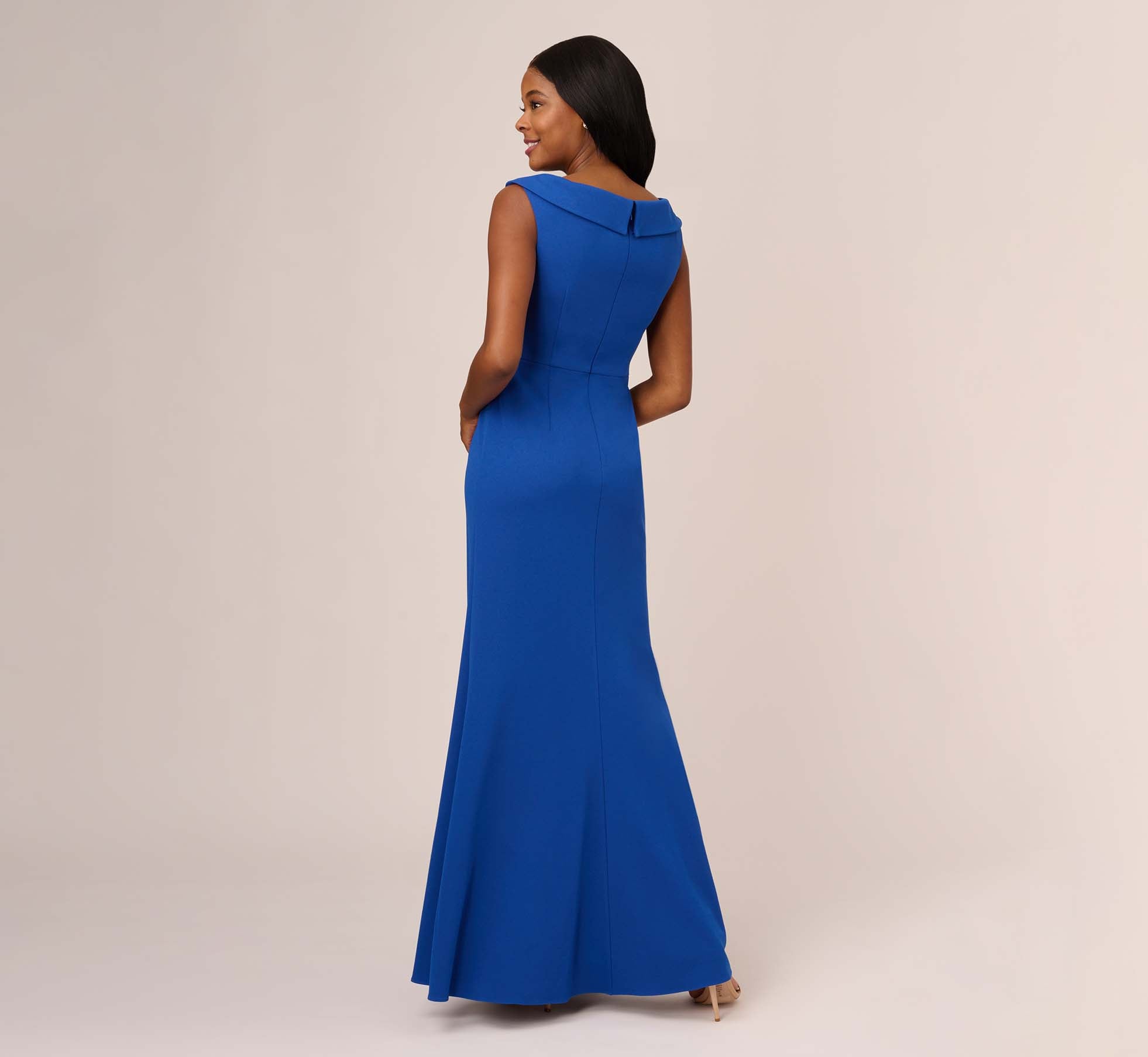 Stretch Knit Crepe Long Faux Wrap Mermaid Gown In Rich Royal