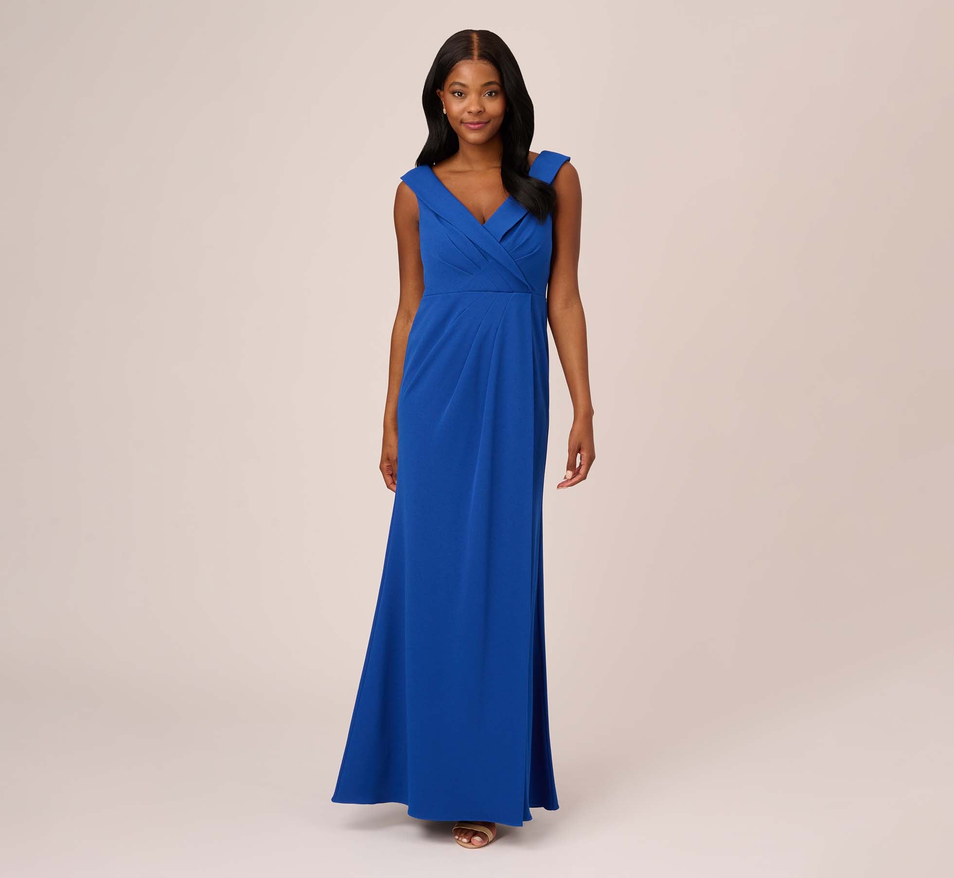 Stretch Knit Crepe Long Faux Wrap Mermaid Gown In Rich Royal