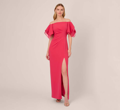 Knit Crepe And Organza Off The Shoulder Long Column Gown With Tiered Sleeves In Pink Lotus