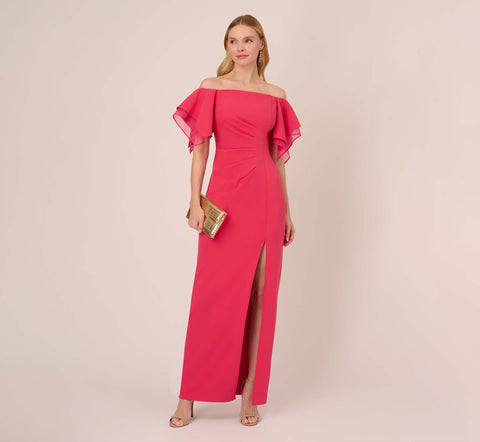 Knit Crepe And Organza Off The Shoulder Long Column Gown With Tiered Sleeves In Pink Lotus