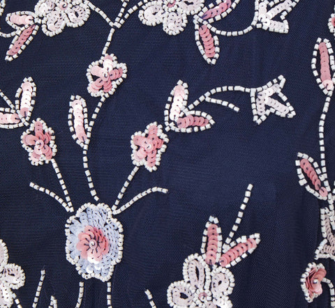 Floral Beaded Blouson Tea Length Dress In Navy Blush
