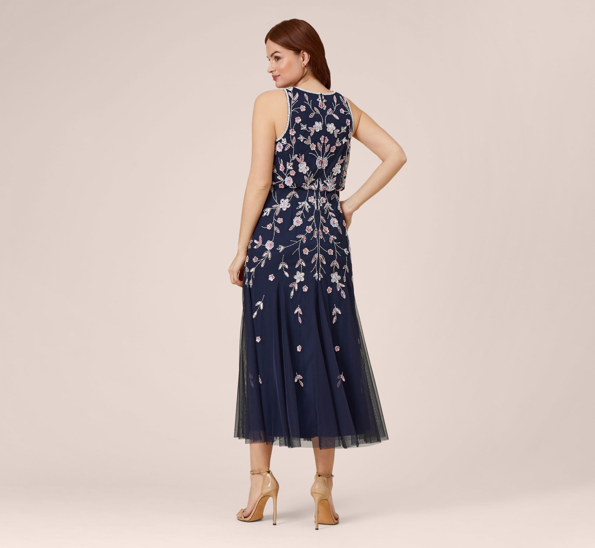 Floral Beaded Blouson Tea Length Dress In Navy Blush | Adrianna Papell