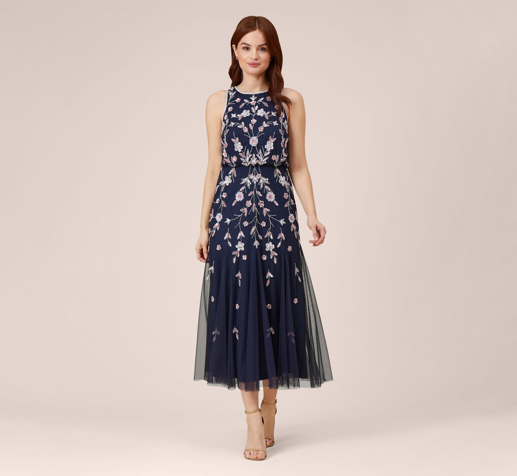 Floral Beaded Blouson Tea Length Dress In Navy Blush | Adrianna