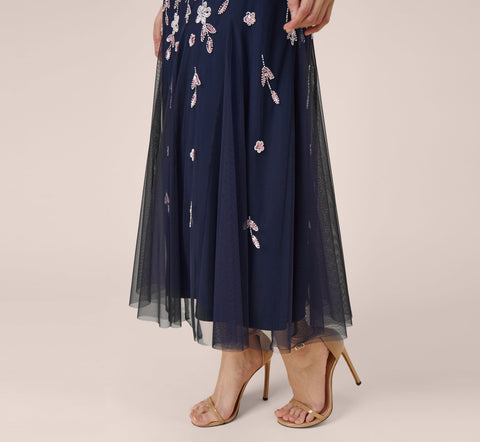 Floral Beaded Blouson Tea Length Dress In Navy Blush