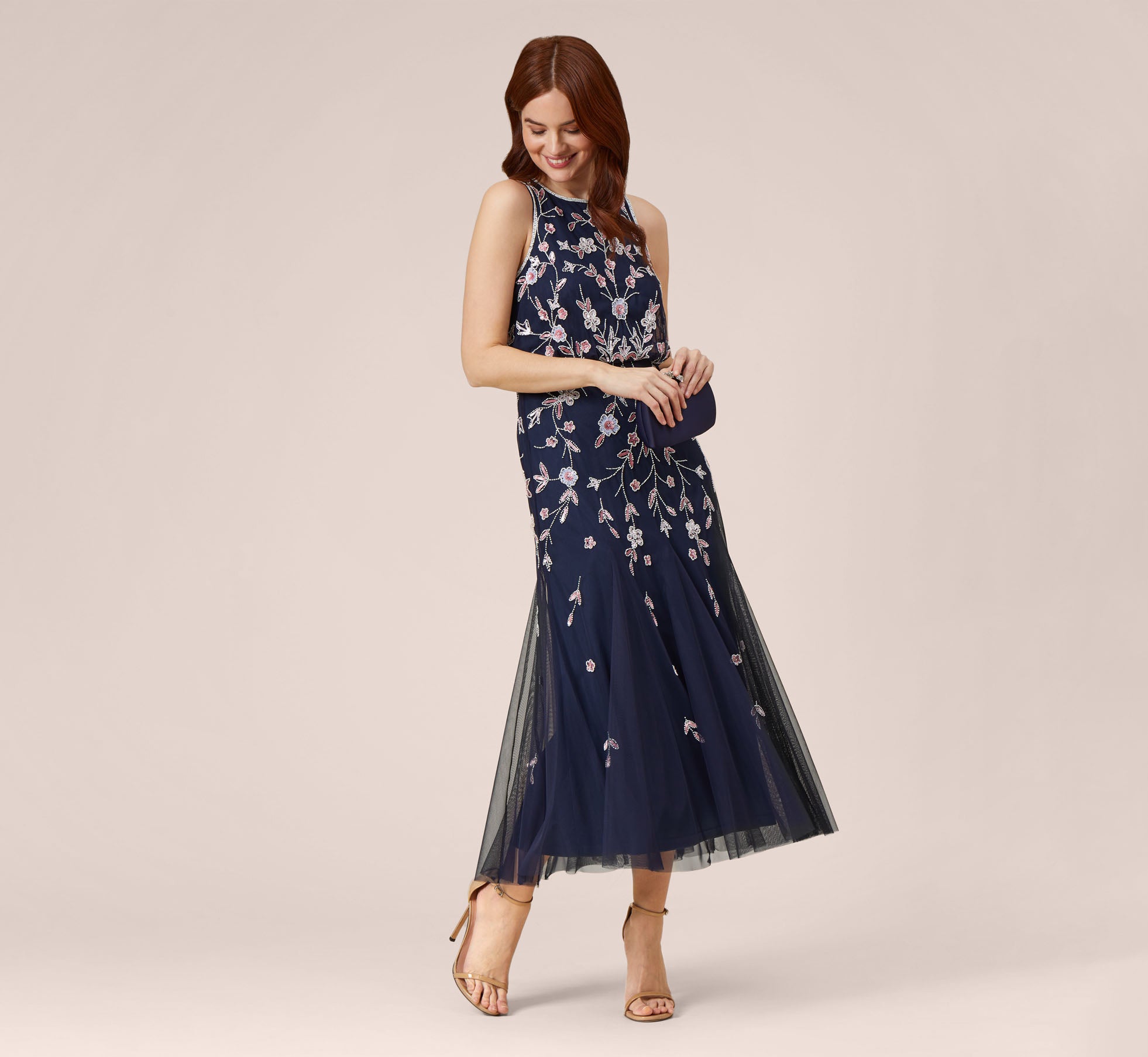 Floral Beaded Blouson Tea Length Dress In Navy Blush Adrianna Papell