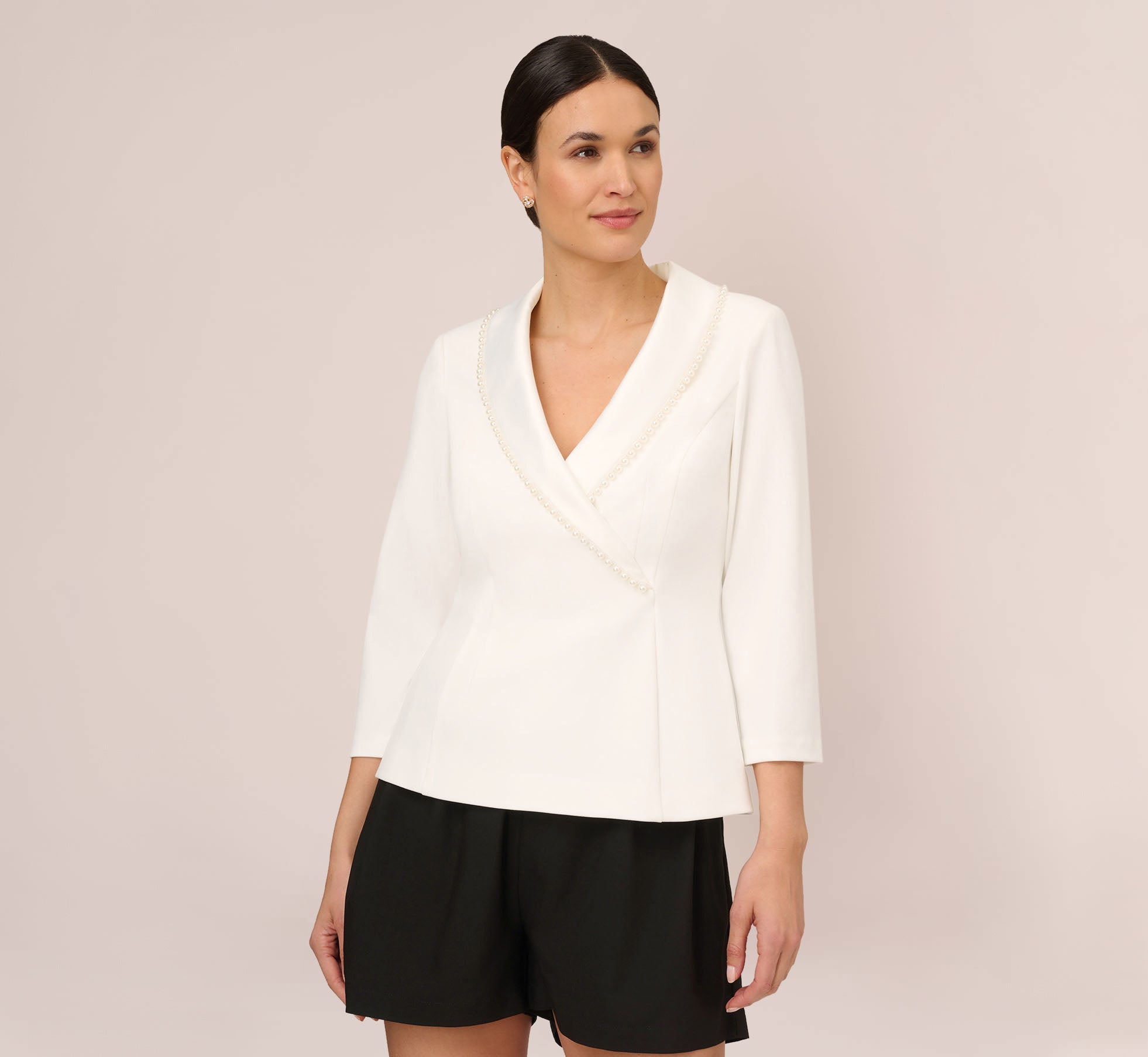 Crepe Tuxedo Top With Pearl Trim In Ivory Adrianna Papell